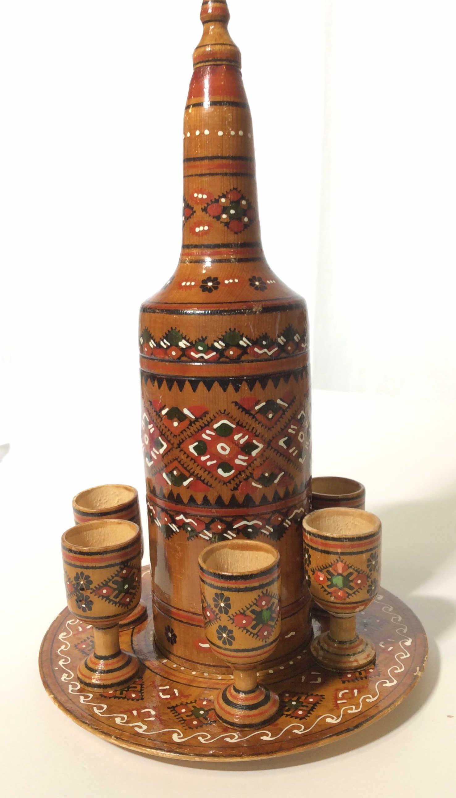 Ukrainian Arts & Crafts Decanter & Cordials, 8 pcs: Varnished Hand Painted Wood, all Hand Made. Decanter 11 in ht, Plate, 6.5/8 wide. 6 Cordials Ukrainian Arts & Crafts, Ukrainian Folk Art, Eastern European Handmade Decanter Set, Ukrainian Ceremonial, 