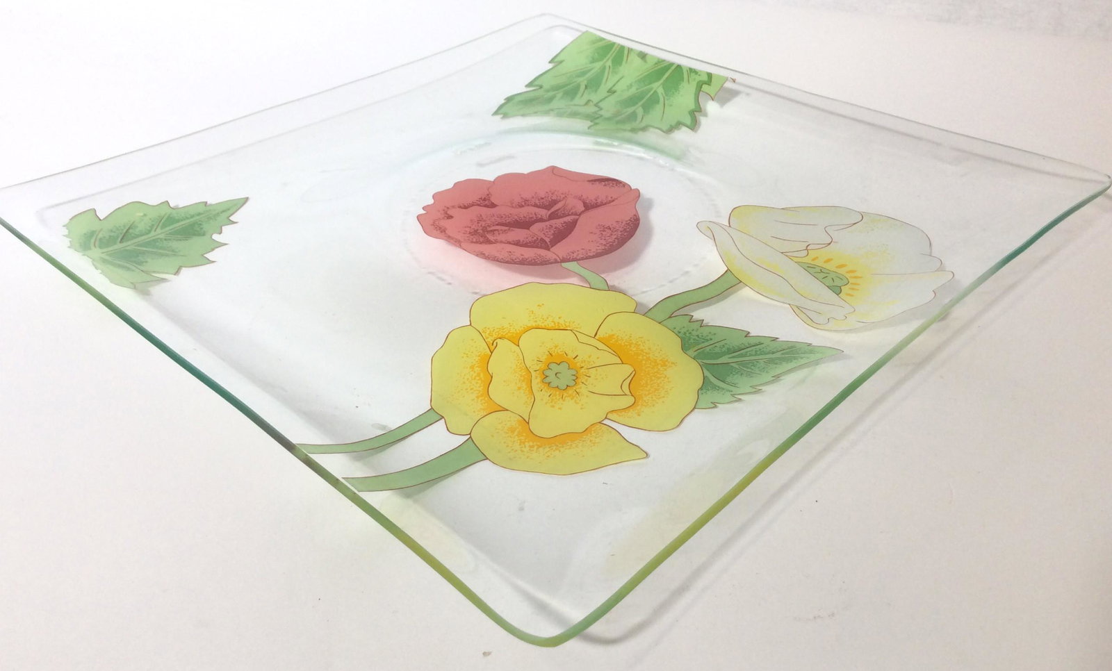 Decorative Square Glass Platter: 12.5 x 12.5 in. Underside print floral design. Rounded edges. Kitchenware, Glass Platter, Serving Dish, Decorative Glass Arts, Floral Design, Serverware, Plate, Hostess Ware, 3