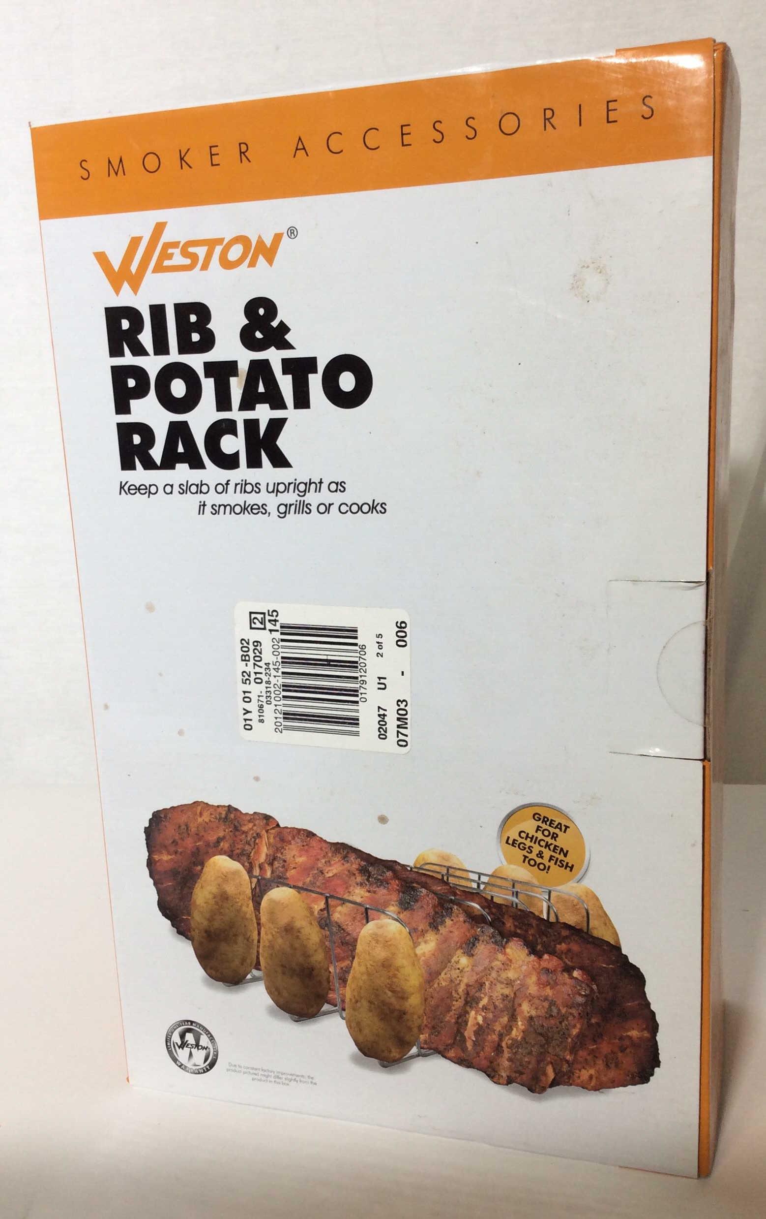 Weston Rib & Potato Chrome Rack, New In Box: Cookware Accessory, Box never opened, indoor or outdoor use, Holds 5 racks of ribs and 6 potatoes. Use it for grilling, Smoking, basting, use for other meats like Chicken too. Dimensions 12 in wide, 3