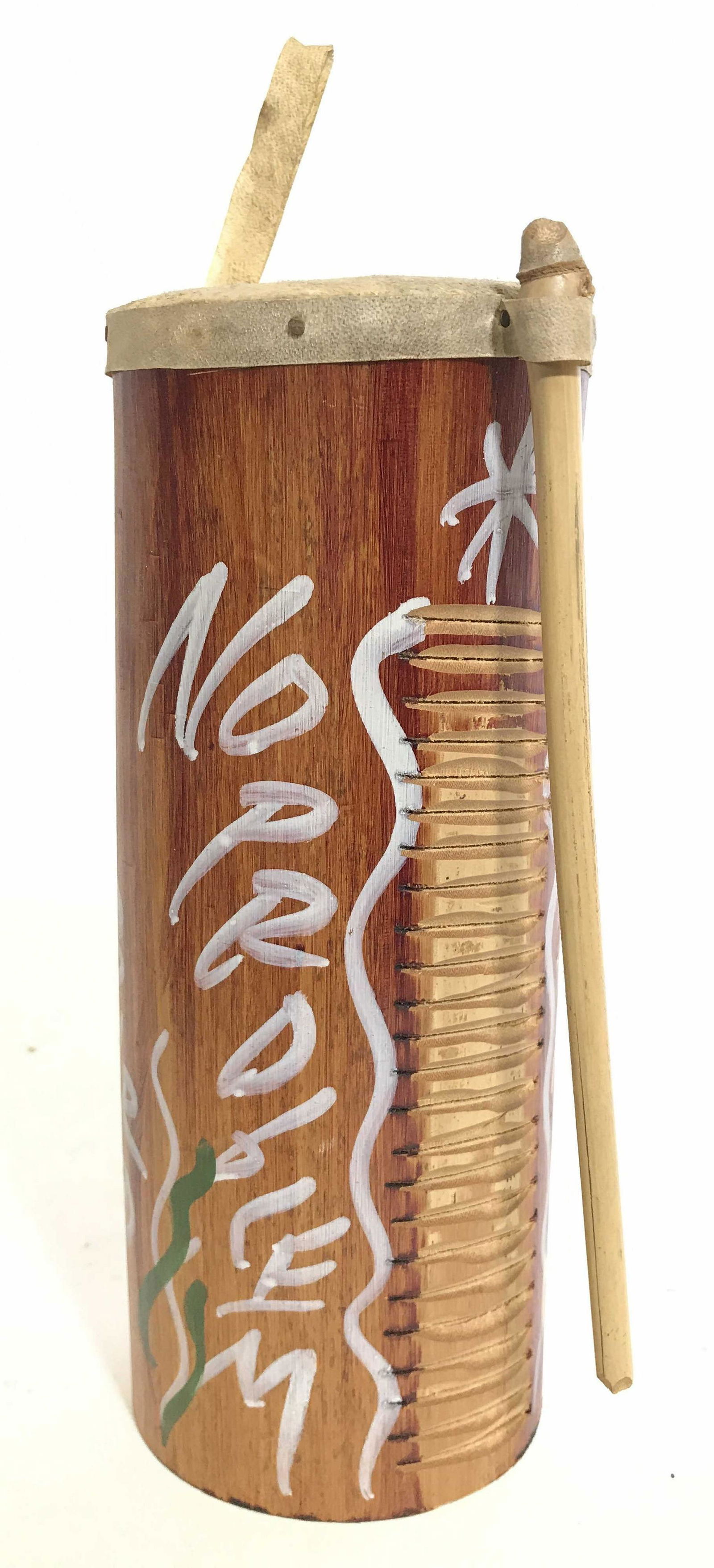 Vintage Hand Painted Drum W Stick: Drum has long slim cylindrical shape. Piece has hand painted detail. Drum appears to possibly be wooden. Piece includes 1 drumstick. Side of drum has strumming ridges. Piece measures approximately 9.5