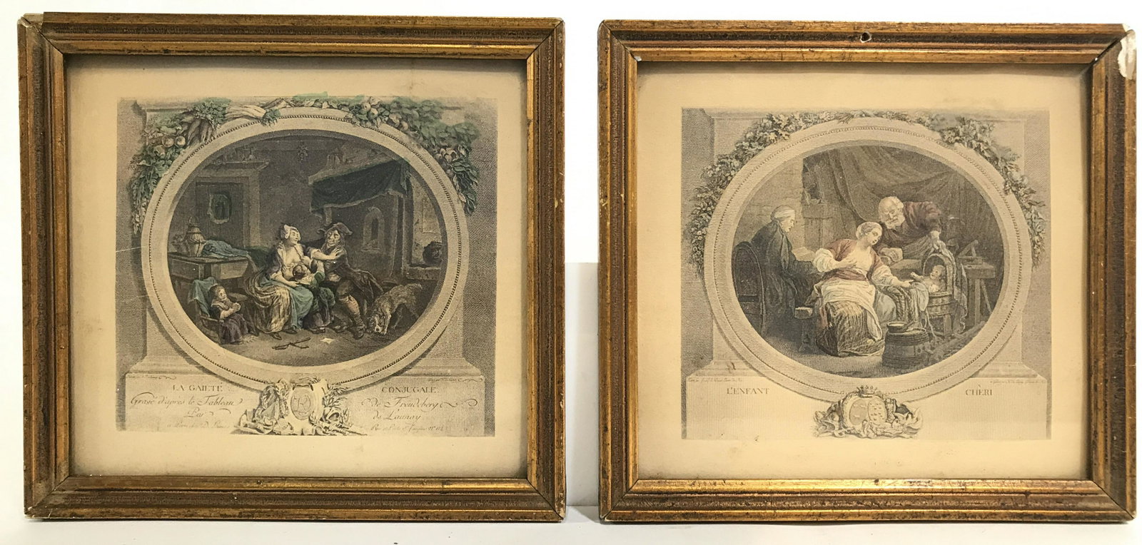 Lot 2 Petite Framed Vintage Etching Print: Etching prints are professionally framed with gold toned frames. Pieces are vintage possibly antique. One reads LA GAIETE CONJUGALE the other reads L’ENFANT CHERI. Each measures approximately 5.25 i