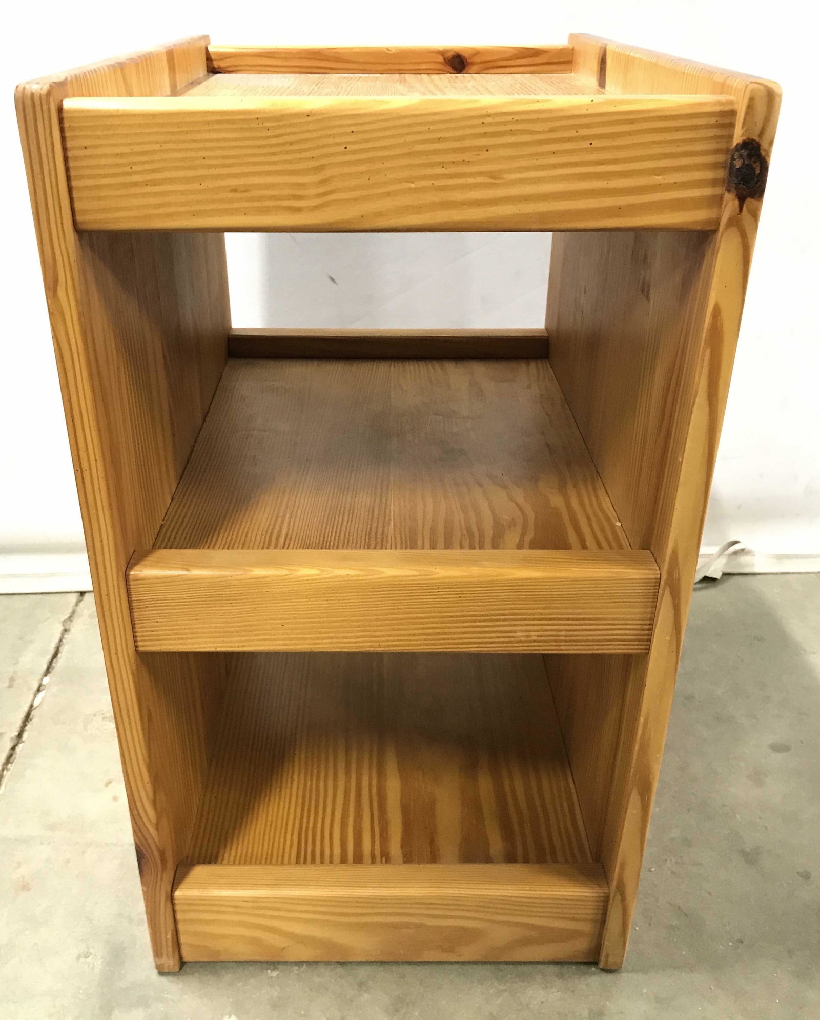 Tan Toned Vintage Wooden Side Table: Side table is wooden. Piece appears to be vintage. Side table has open back and 1 shelf in center. Piece can be utilized as up cycled shelf. Piece measures approximately 26 inches tall 15 inches wide 