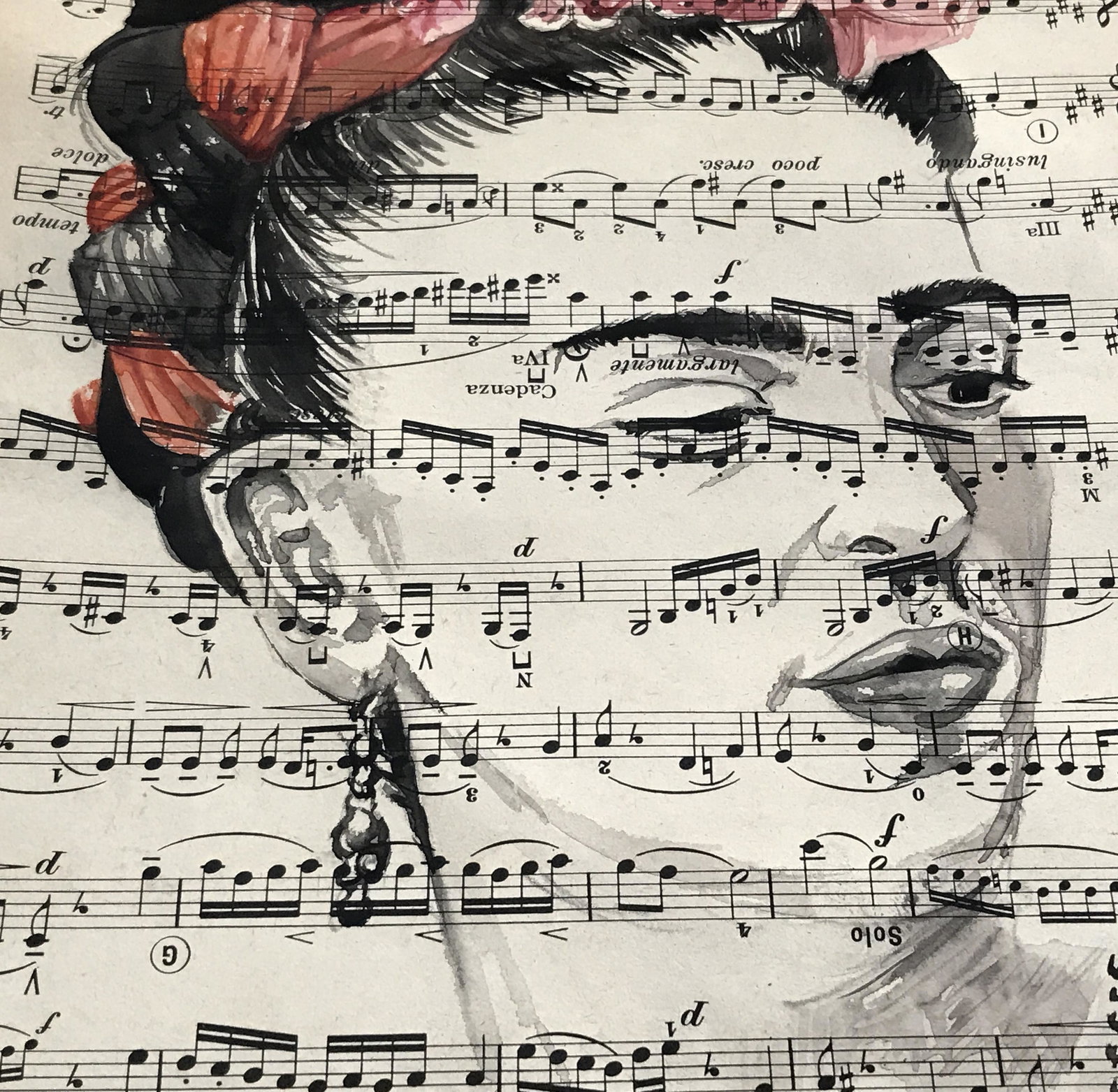 Unknown Artist Watercolor in Sheet Music: Unknown Artist watercolor on sheet music IN THE STYLE OF Frida Kahlo, Please Note: All lots that do not carry established documented provenance nor any past record of auction history record are descri