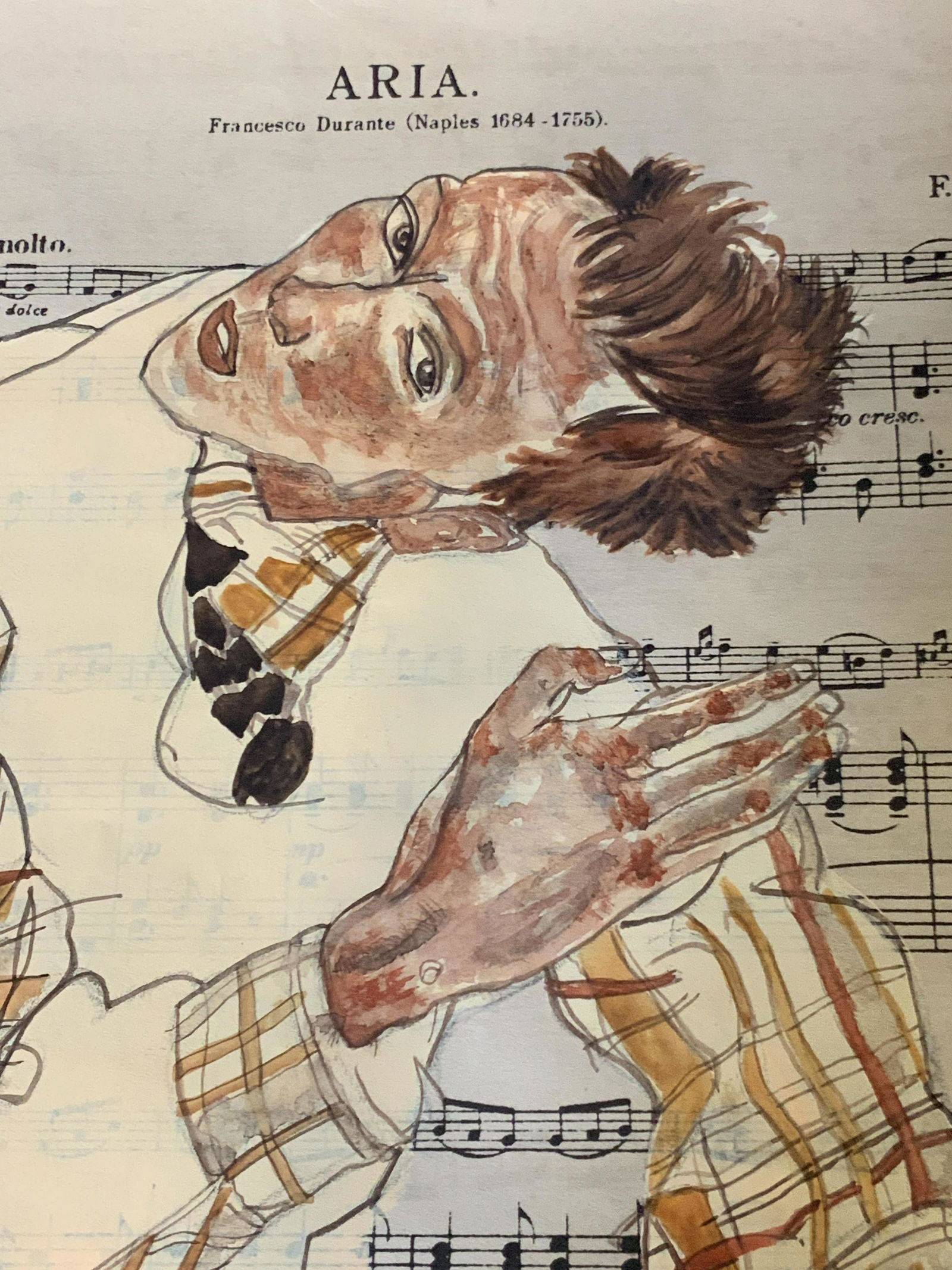 Unknown Artist Mixed Media Painting: Mixed Media Illustration/Painting on music sheet paper, IN THE STYLE OF Egon Schiele Please Note: All lots that do not carry established documented provenance nor any past record of auction history re