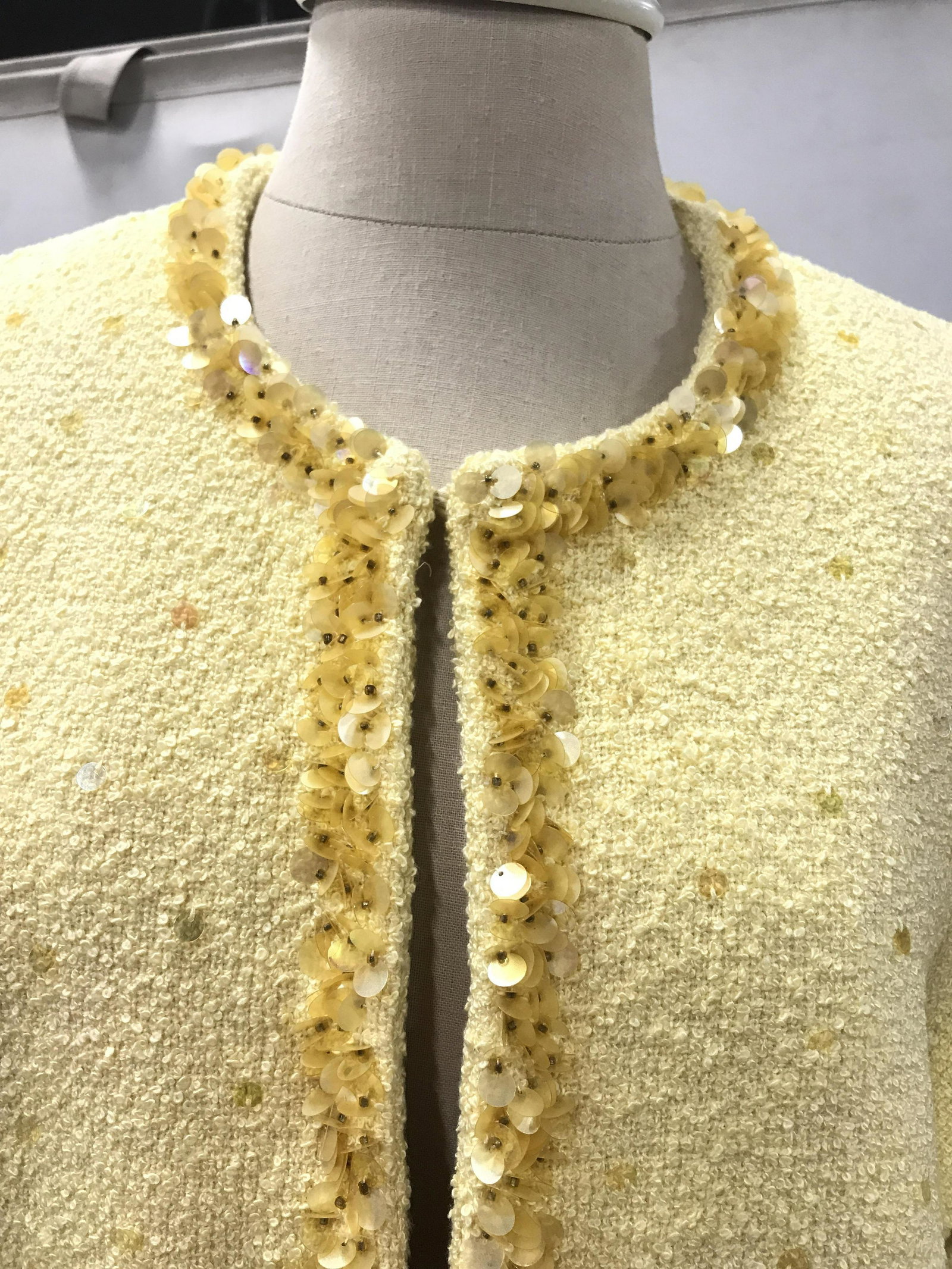 LINEA BY LOUIS DELL’OLIO Vintage Sweater: Linea by Louis Dell’Olio bright yellow vintage wool clasp sweater. Intricate sequin trim. Size Medium. Yellow sweater, vintage sweater, yellow wool, yellow wool sweater, sequin sweater, yellow sequi