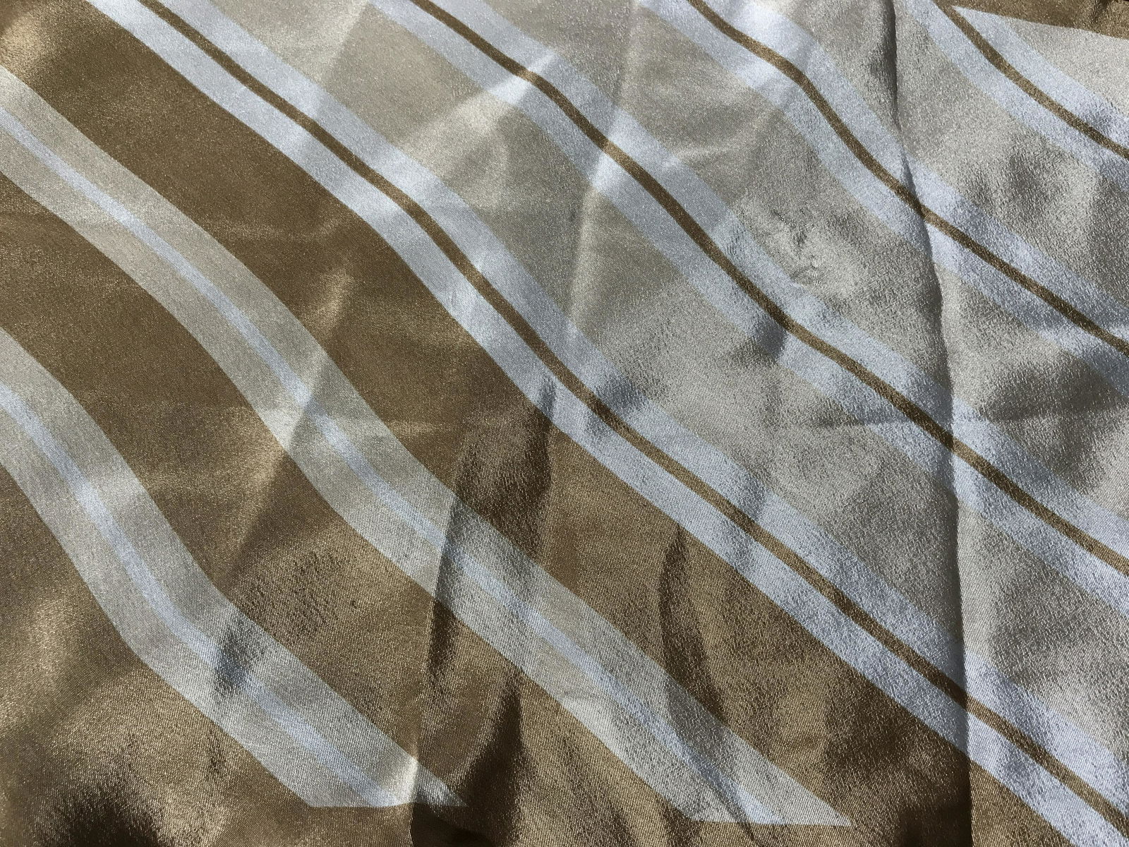 Anne Klein Champagne Striped Scarf: Anne Klein champagne colored striped scarf, logo on end reads ‘Anne Klein’, some pulls to fabric, Fashion accessory, neck wear, head wear, sash, belt, echo, scarf, measures 74 inches long. 7