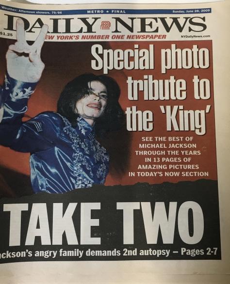 Lot 5 Tribute to Michael Jackson Newspapers: Michael Jackson, 1958-2009. Memorabilia Newspapers after his death. Newspaper insert ‘Sound Waves’, Vol 19, issue 10, July 2009. New York Post, June 28, 2009. Sunday NY POST Headline, ‘STACKO, M