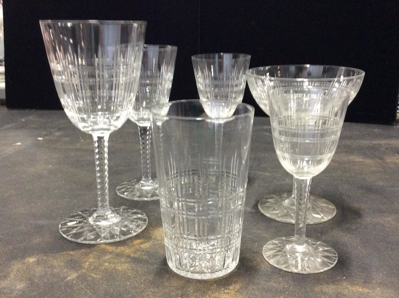 Handmade Vintage Crystal Stemware, 55 pcs: Cut Crystal in simple plaid- Checkered Pattern, thin walled crystal, slight different sizes, consists of wine glasses, Vintage Champagne Glasses, Cordials, Hard Liquor tumblers. Very good vintage cond