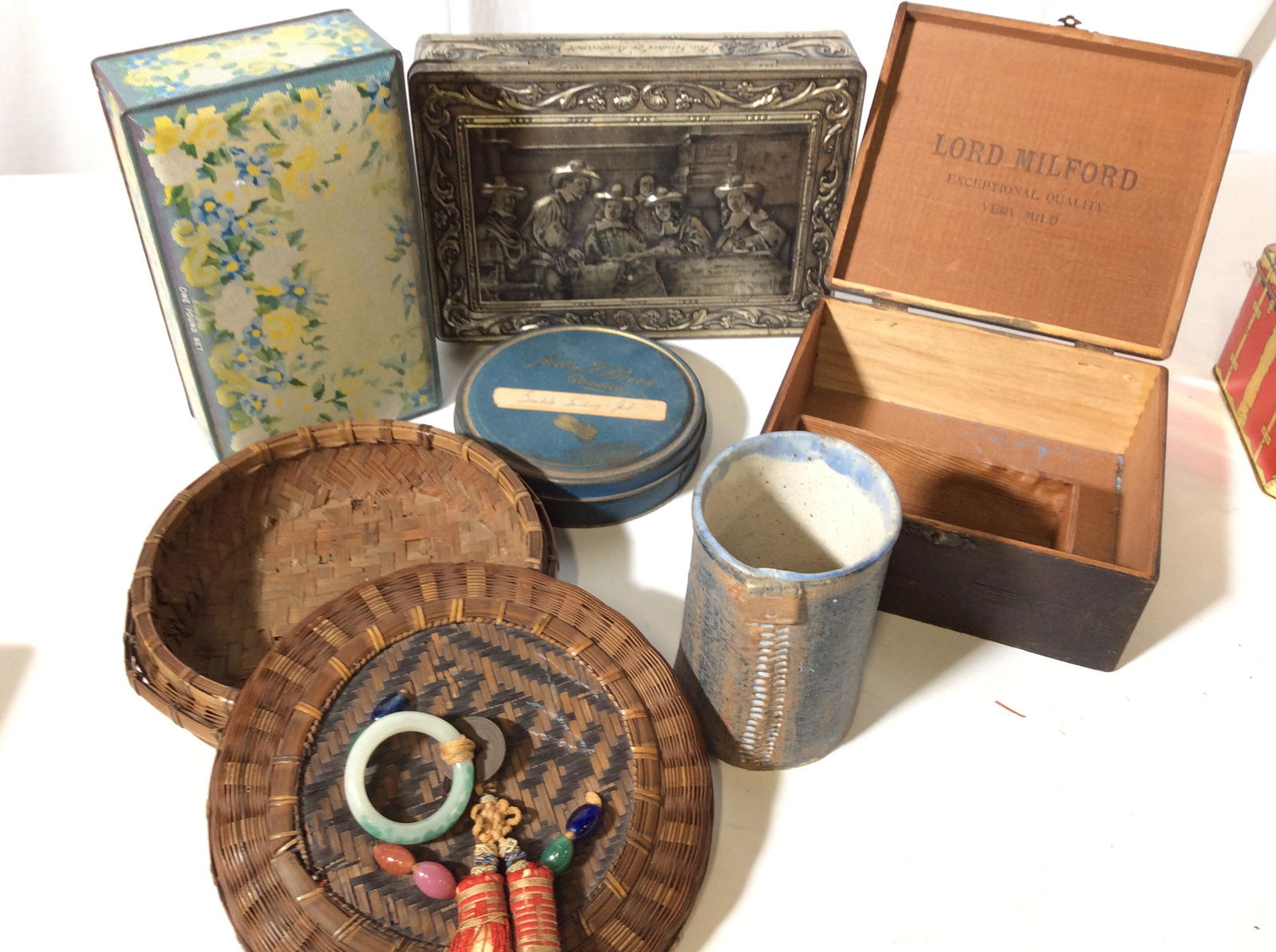 Huge Lot Collectible Vintage Antique Boxes: Lot includes Wood Cigar Boxes Havana, Cuba, Consolidated Tea Tin, Carved Native People, Candy Tin, Russian Lacquered Box Interior all red lacquer, Desk Box with pull out drawer and places for mail ( a