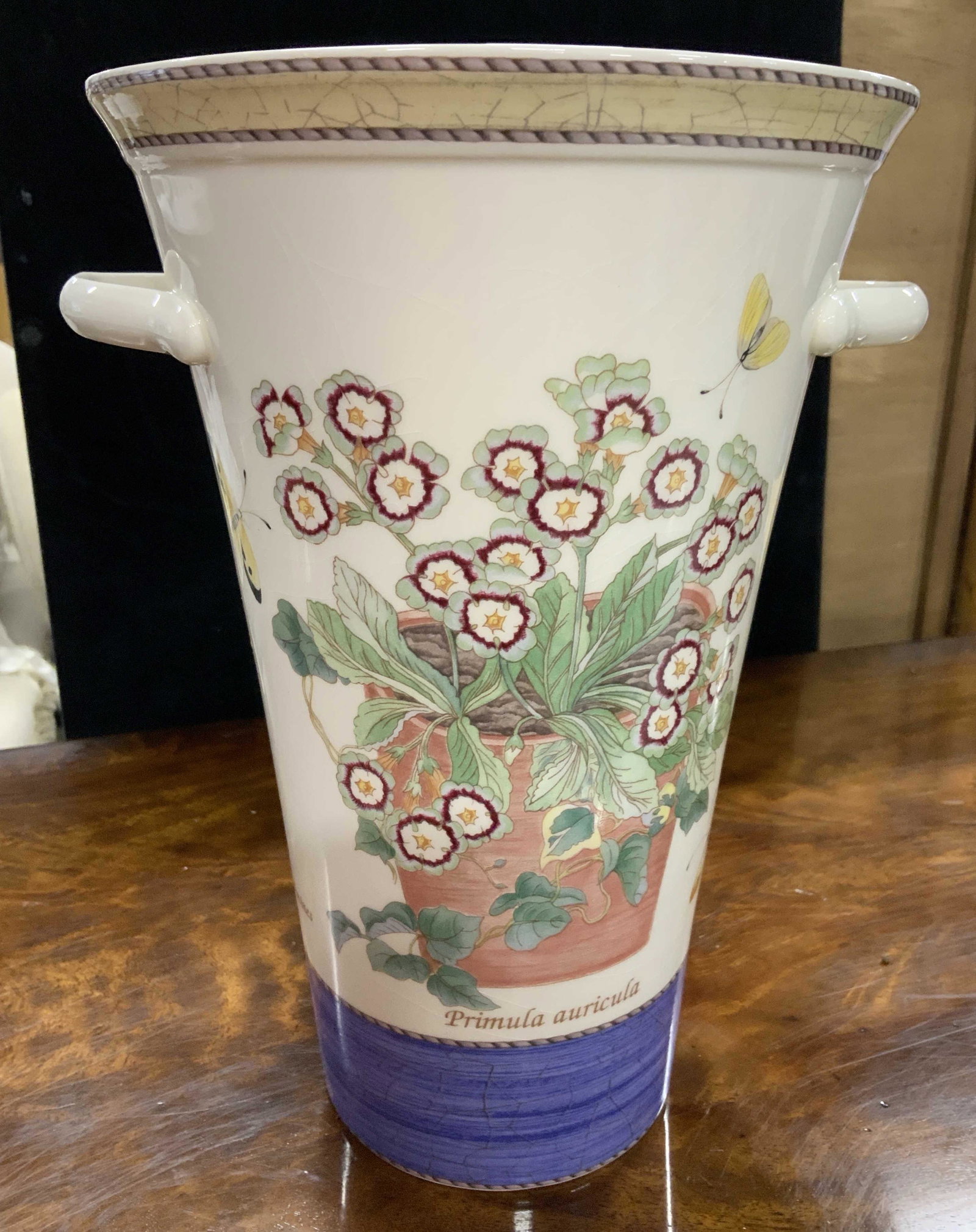 Wedgwood, Sarah’s Garden, Porcelain Vase: Marked underside for Wedgwood, made in England, Sarah’s Garden, 1977, measures ht 10.5 inches, diameter with handles app 9 inches, vase, vessel, English porcelain, table ware, decorative accessory
