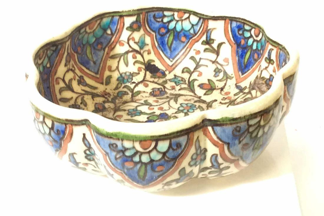 Lot 2 Decorated Handmade Terra Cotta: Stangl Ceramic Plate, Original part of a Tiered Tray with Center hole, 10 in. Intricate Embossed Indo- Middle Eastern Design Bowl, furled rim. Pottery, Ceramics, Handmade, Arts & Crafts, Terra Cotta, 