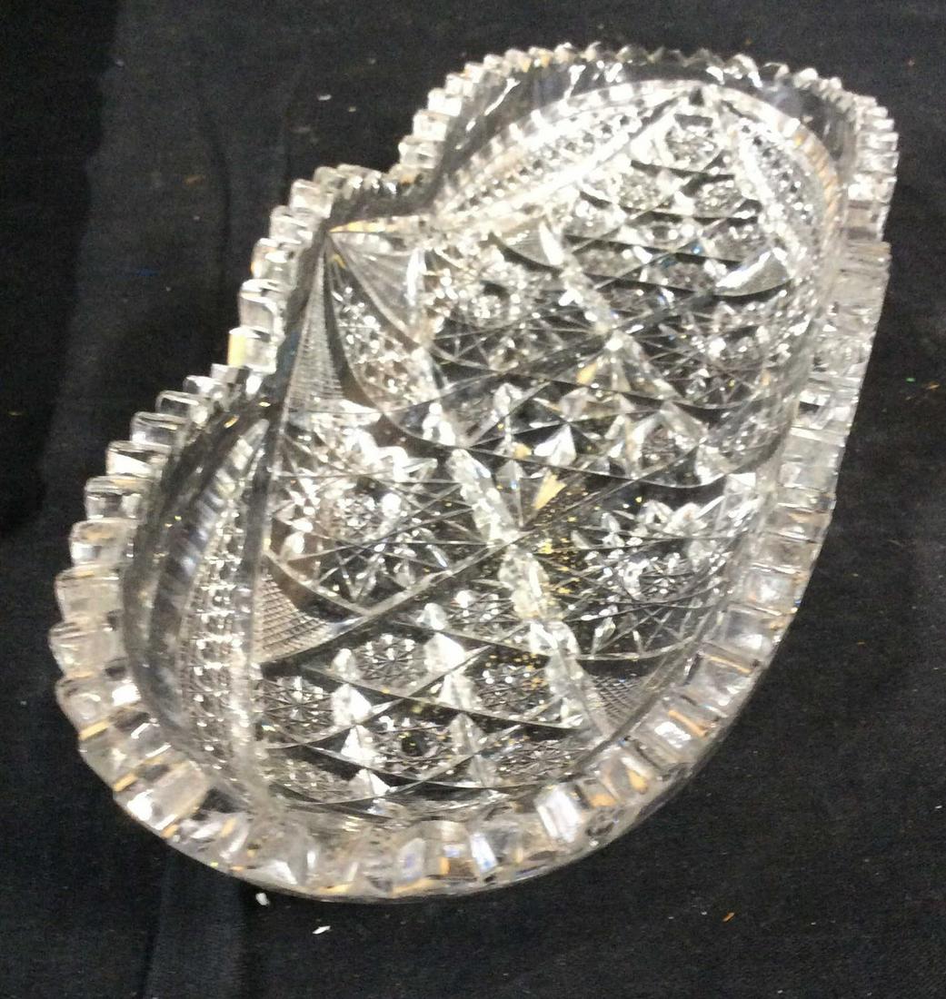 Sawtooth Rim Cut Lead Crystal Oblong Bowl, Vintage: Snowflake/ Star Pattern, Underside Cut Crystal, Oblong Bowl, 11 3/4 in x 4 3/4 in. Ht 2 in. Some chips to saw tooth . Vintage Lead Crystal Bowl, Cut Crystal, Decorative Crystalware Bowl, Snowflake Pat