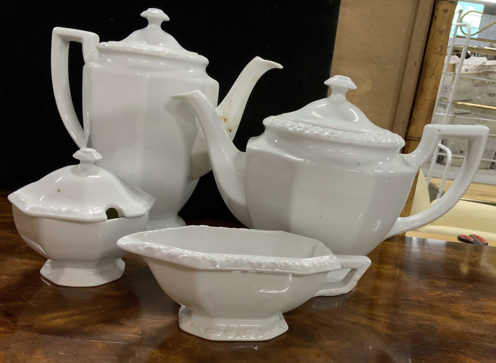 Rosenthal Porcelain Coffee Tea Service: Rosenthal white porcelain set made in Germany, includes lidded coffee pot ht app 9 inches, lidded tea pot, lidded sugar bowl and creamer, white porcelain table ware, Rosenthal Table ware,