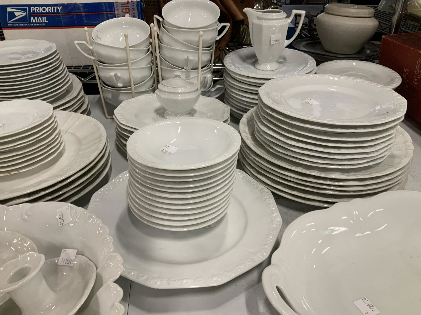 Large Rosenthal Porcelain mixed Place Settings: Over 100 pcs of white porcelain, Multiple patterns all white porcelain place settings, most marked for Rosenthal, Germany, includes dinner plates lunch plates cups saucers, serving pieces, some may ha