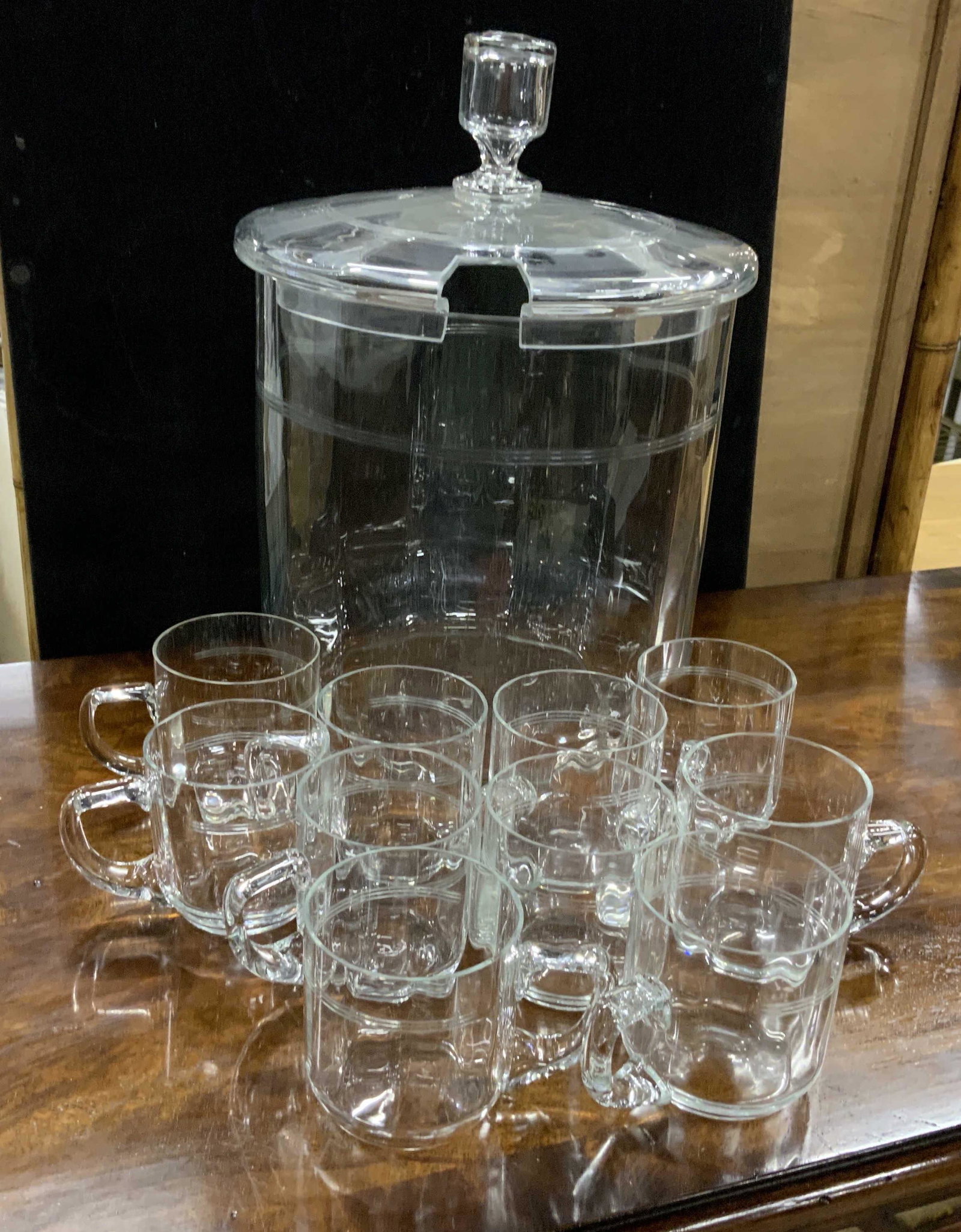 Cylindrical Glass Punch Bowl Set: Cylindrical glass bowl, vessel measures ht 12.5 inches, set comes with 10 glasses, barware, hostessware, tableware, serving vessels, drinks service,