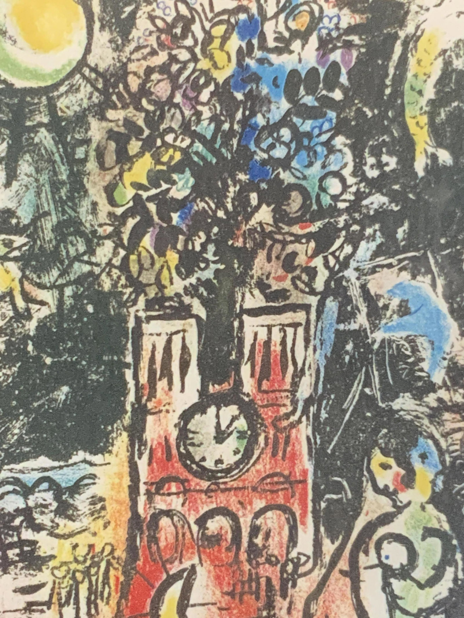 Print of London Illustration, Chagall: appears to be print of chagall artwork, print, very easy to notice first is Big Ben, as well as some figures, some artistic icons and other activities and things to see around the U.K. Piece measures 