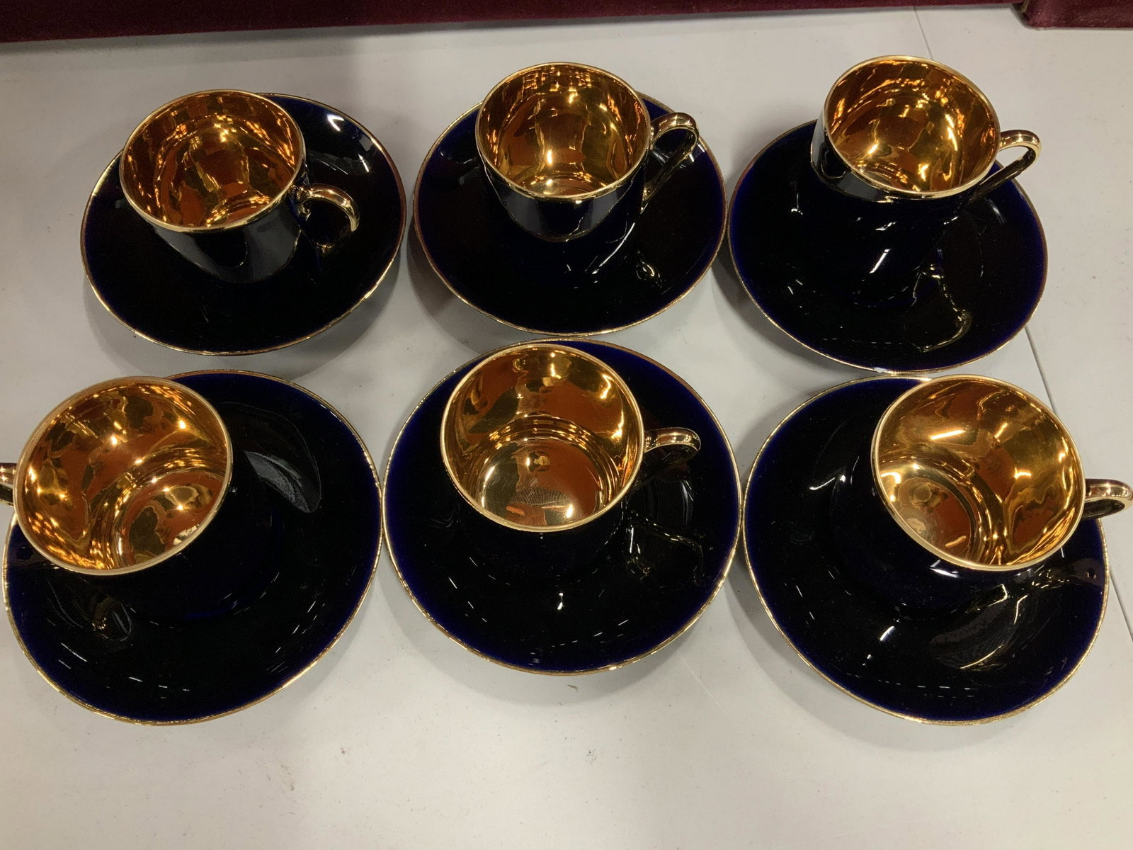 Set 6 Arabia Finland Cup Saucer Set: Signed underside for ARABIA, made in Finland, set of six cobalt blue and gilt porcelain cup and saucer set, height app 3 inches, table ware,