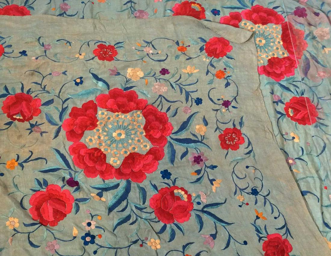 Vintage Hand Embroidered Silk Cloth, Shawl: 58 in. X 60 in. Elaborate Hand Embroidery - vibrant red roses, peach and orange flowers, Blue Vine And leaves on teal silk. Possible original use was a shawl or square tablecloth. Discoloration from a