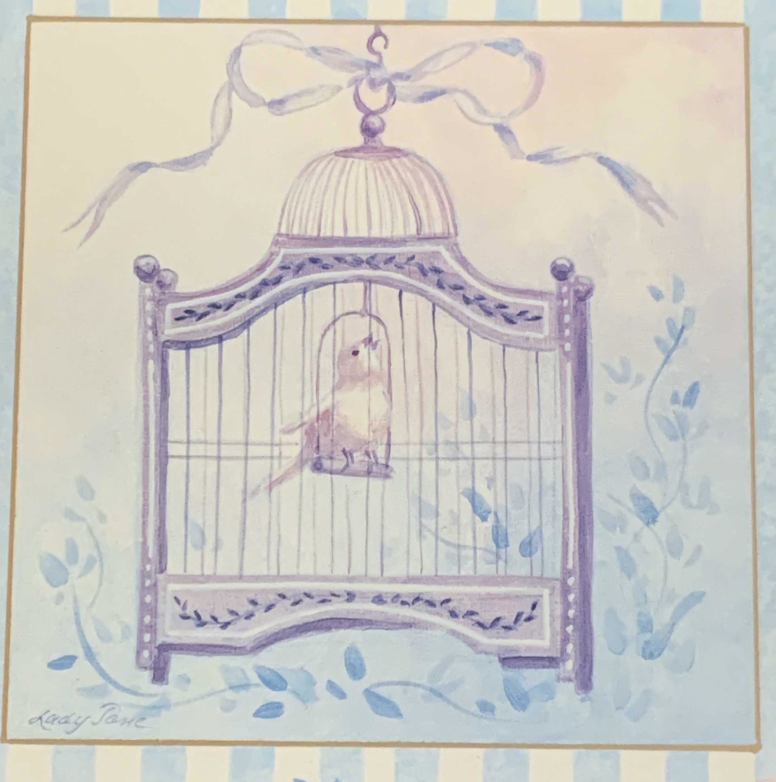 Lady Jane Song Bird in Cage Lithograph: Lithograph of a song bird in cage singing with head back towards the sky, bird is in a cage that is seemingly floating and has a blue ribbon adoring the top of the cage, boxed in instead of a mat, the