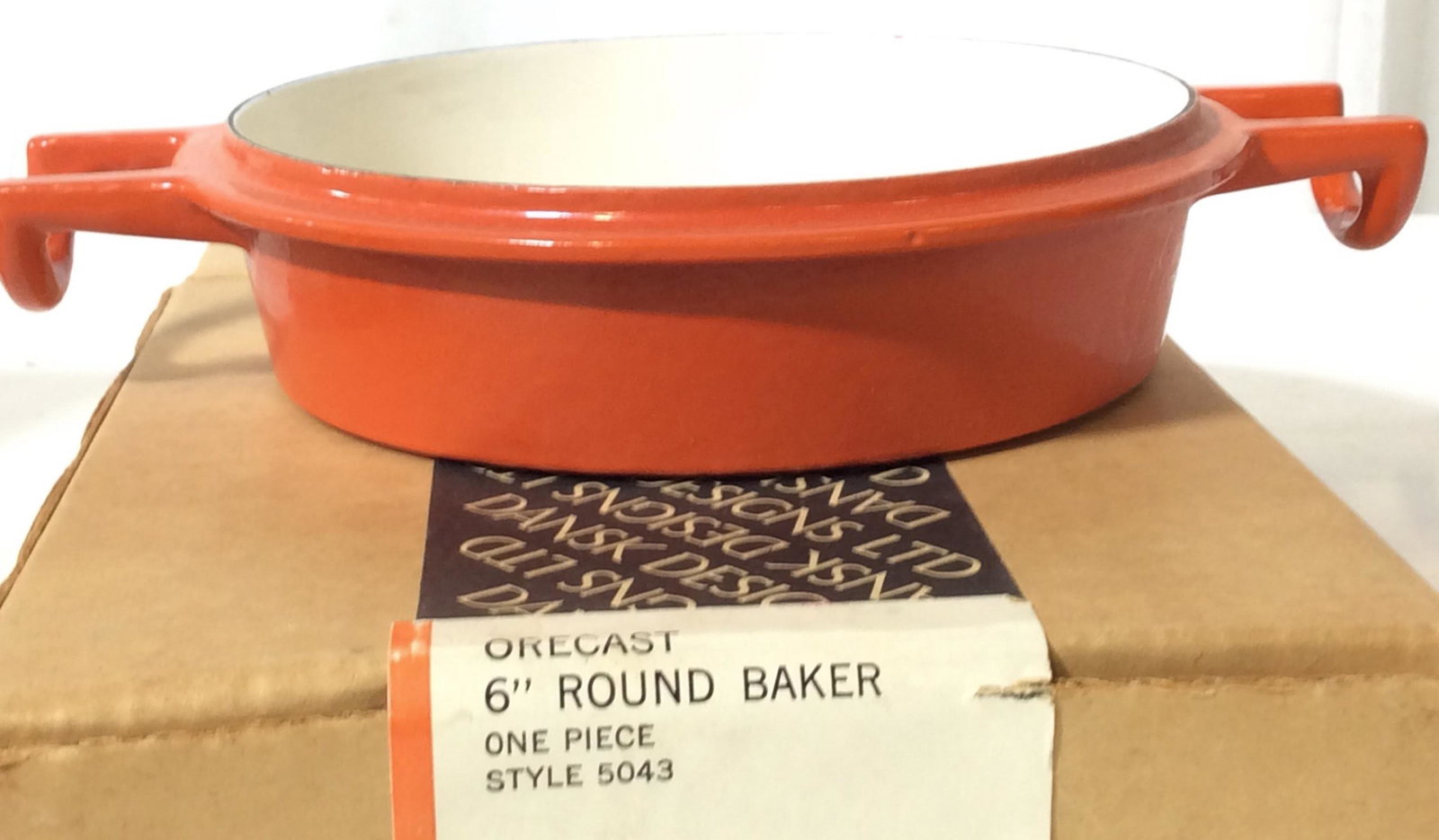 Vintage DANSK 6 in. Round Enamel Bakeware: Original box for storage. Orange enamel over iron, handles, box has original style number 5043. Verso has brand label Dansk Designs Ltd Made in Finland. 9 x 6.5 in Cooking Pot, Enamel Pot, 6 in. round