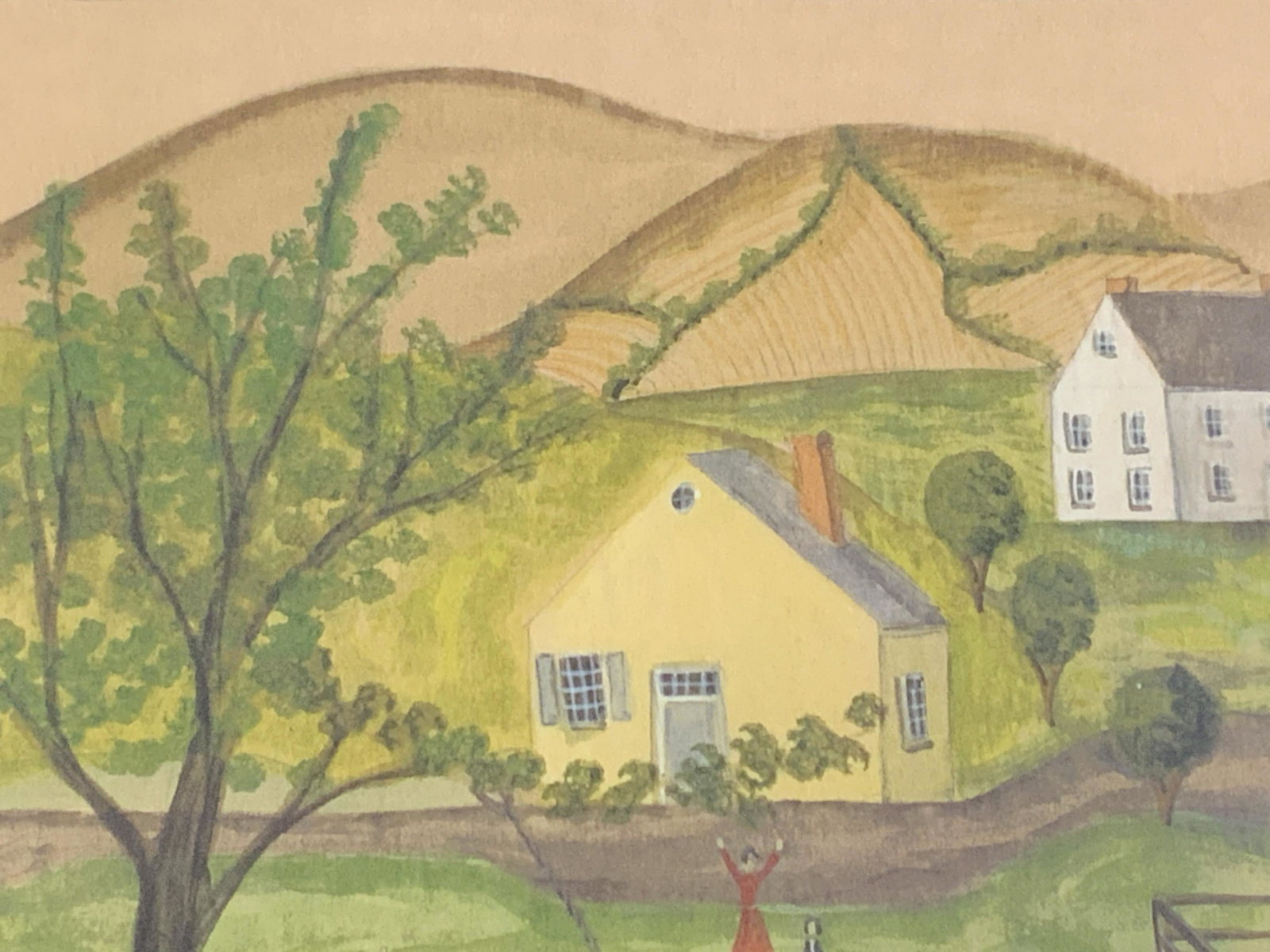 Kolene Spicher A Day At Grandma’s: Kolene Spicher, print of painting, marked as 442/1900 the title and her signature, the image itself depicts a family in their yard swinging from a tree into a pond, while horses on the right foregroun