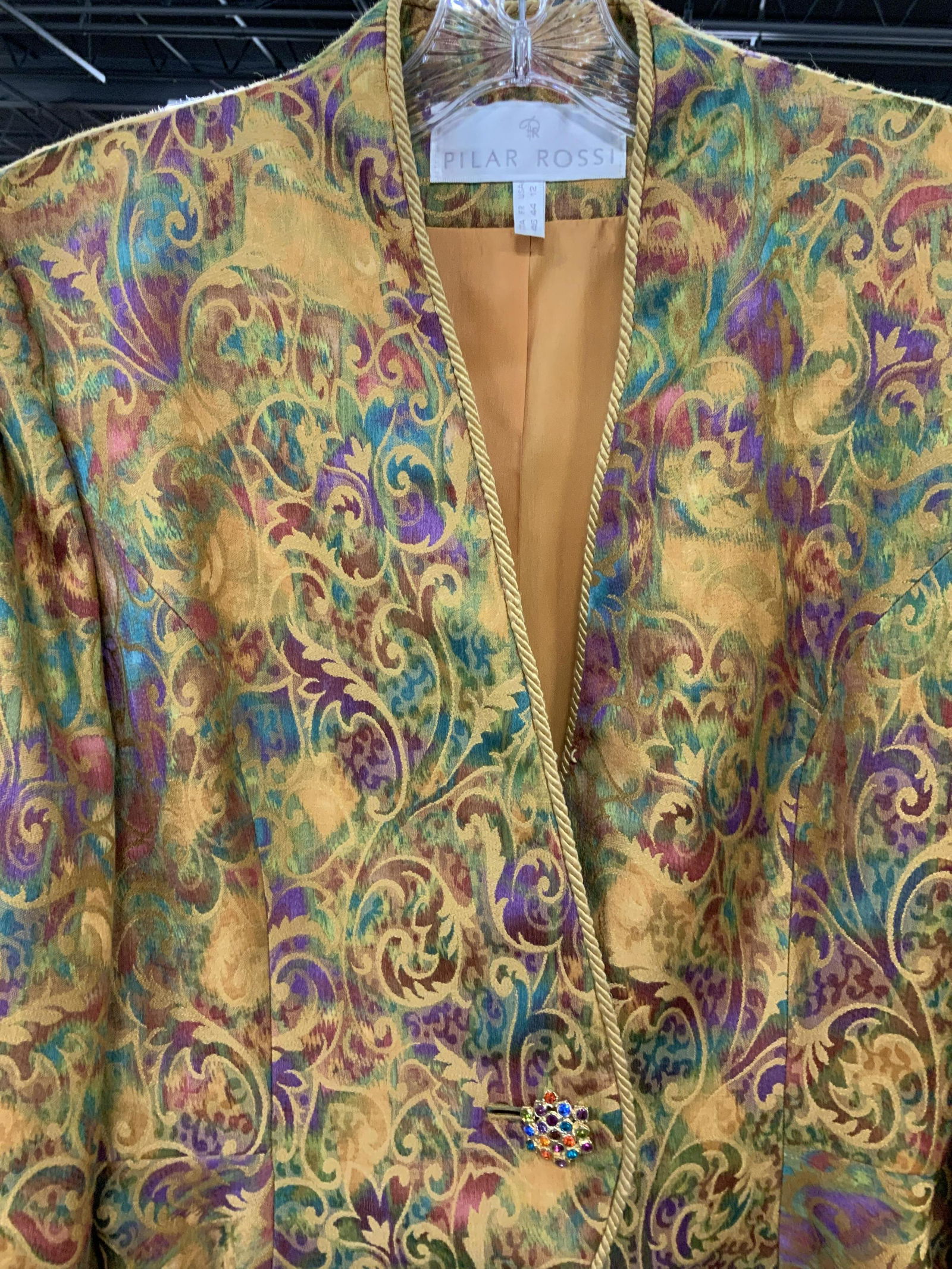 Vintage PILLAR ROSSI Skirt Jacket Set: Label for Pillar Rossi, luxury designer fashion wearable, patterned jacket with matching skirt, jacket has bejeweled button closure, property of Park Avenue New York City Estate, size 12 USA,