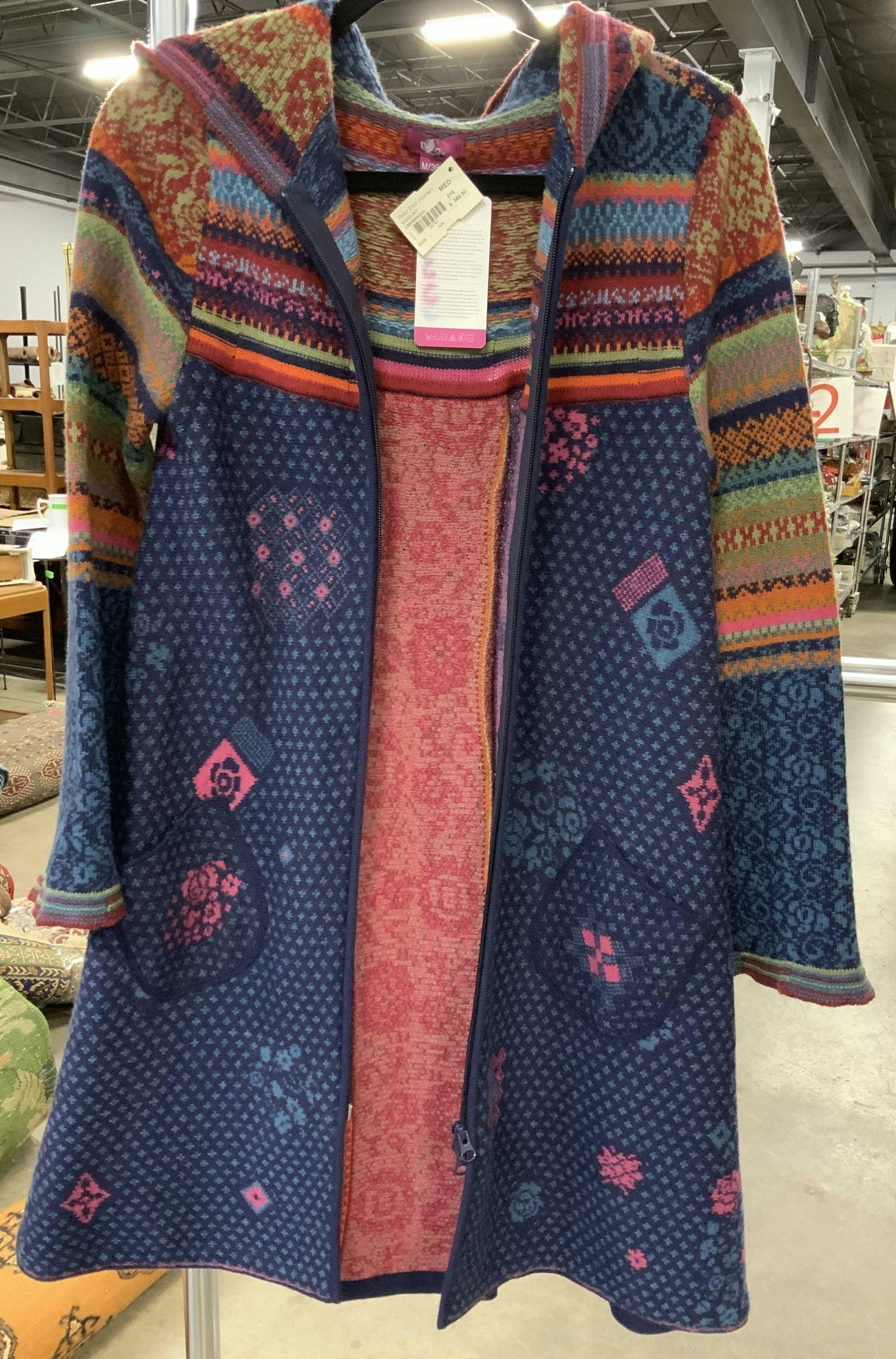 Peter Elliot Designer Lambs Wool Sweater Coat: Boho chic sweater coat zip up front w hood, never worn, has original tag with lambs wool description, price $368, size medium 38,inverted pleat for swing flair back, flared sleeves, designer clothing,