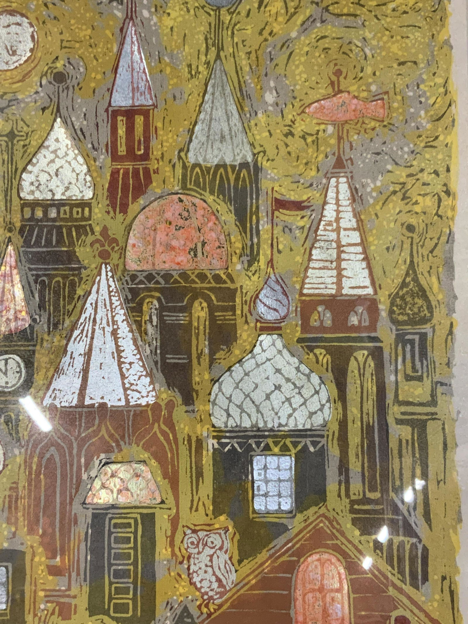 Joan Drew Lithograph, city scape: Joan Drew Lithograph titled “I Saw a Mystic City” edition 34/69 and a signature and the year, 1962, on the bottom right corner, this piece is a depiction of a city at night, and shows the building