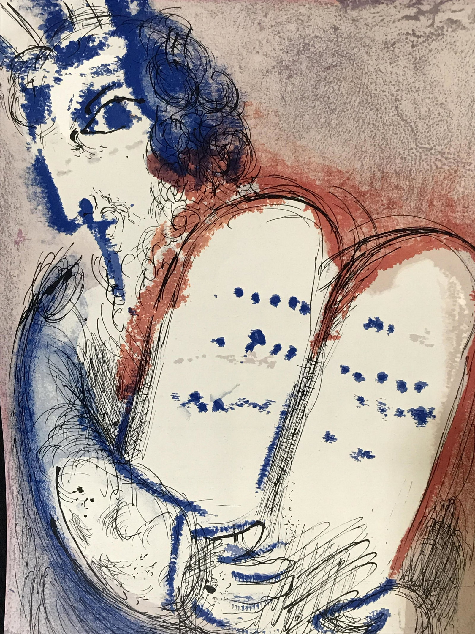 Mixed Media Moses Artwork: Mixed Media Abstract Moses, potentially pen watercolor and pigment, subject an abstract drawing of Moses holding two tablets, no apparent signatures or stamps, illegible text to reverse, measures 14 i
