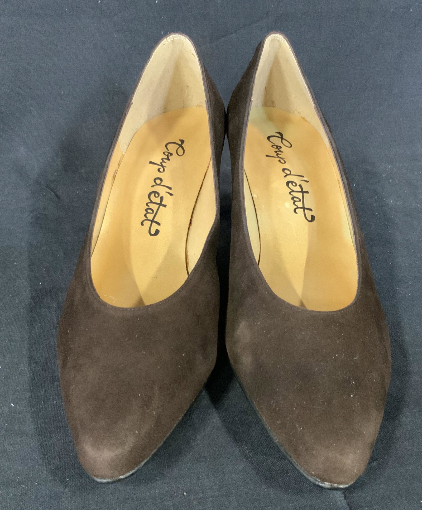 Coup D’etat Suede Heels: Coup D’etat Suede Heels In brown with a statement heel, these shoes run to be a size 8 in excellent condition, perfect condition suede, and a gentle point to the toes, the heel is 2.5 inches tall an