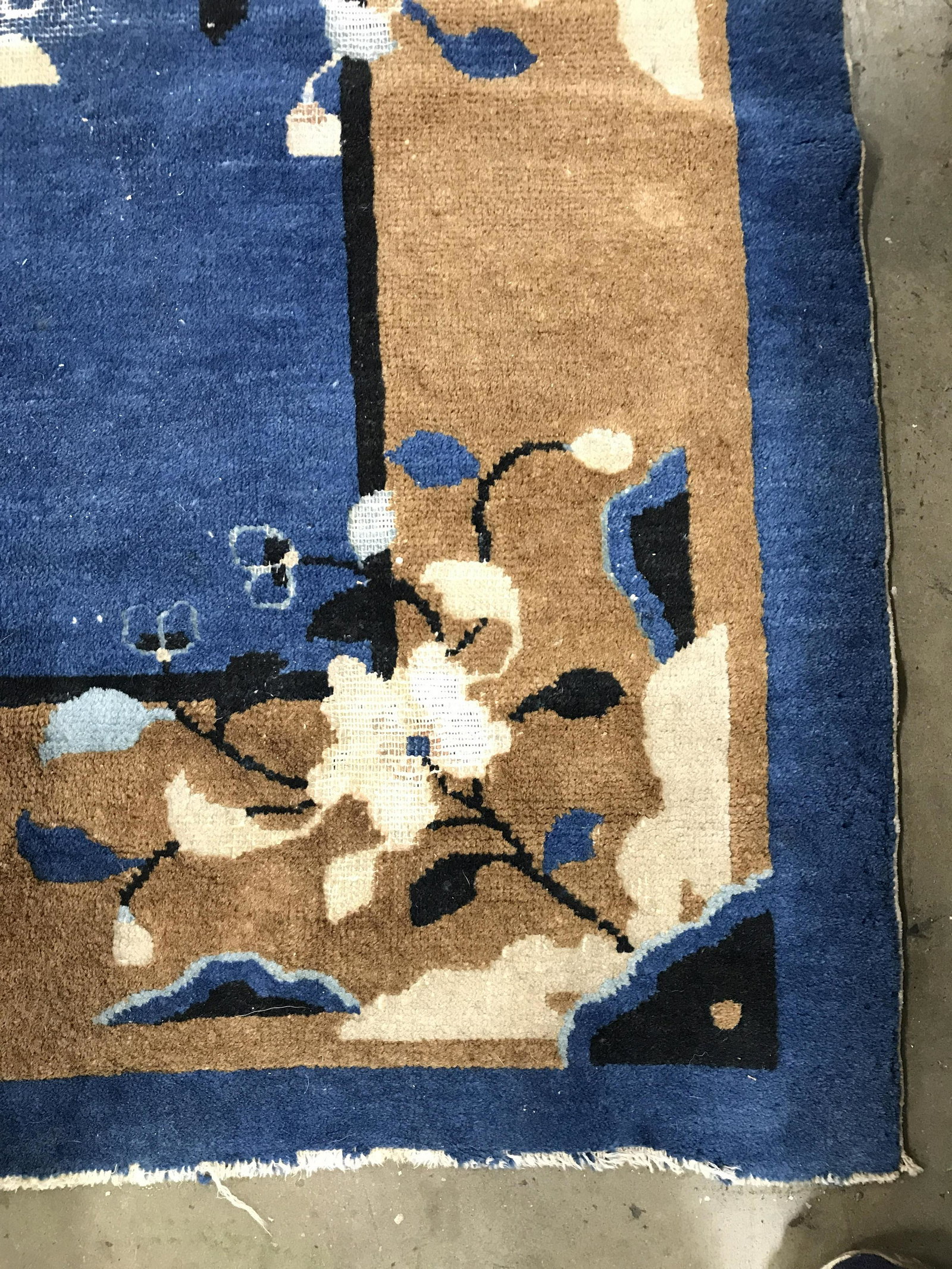 Vintage Handmade Chinese Art Deco Rug: Rug is wool and handmade. Piece is vintage. Rug contains multi toned floral leaf & vine detail. Piece measures approximately 94 inches long 60 inches wide. Rug, carpet, area rug, wool rug, handmade ru