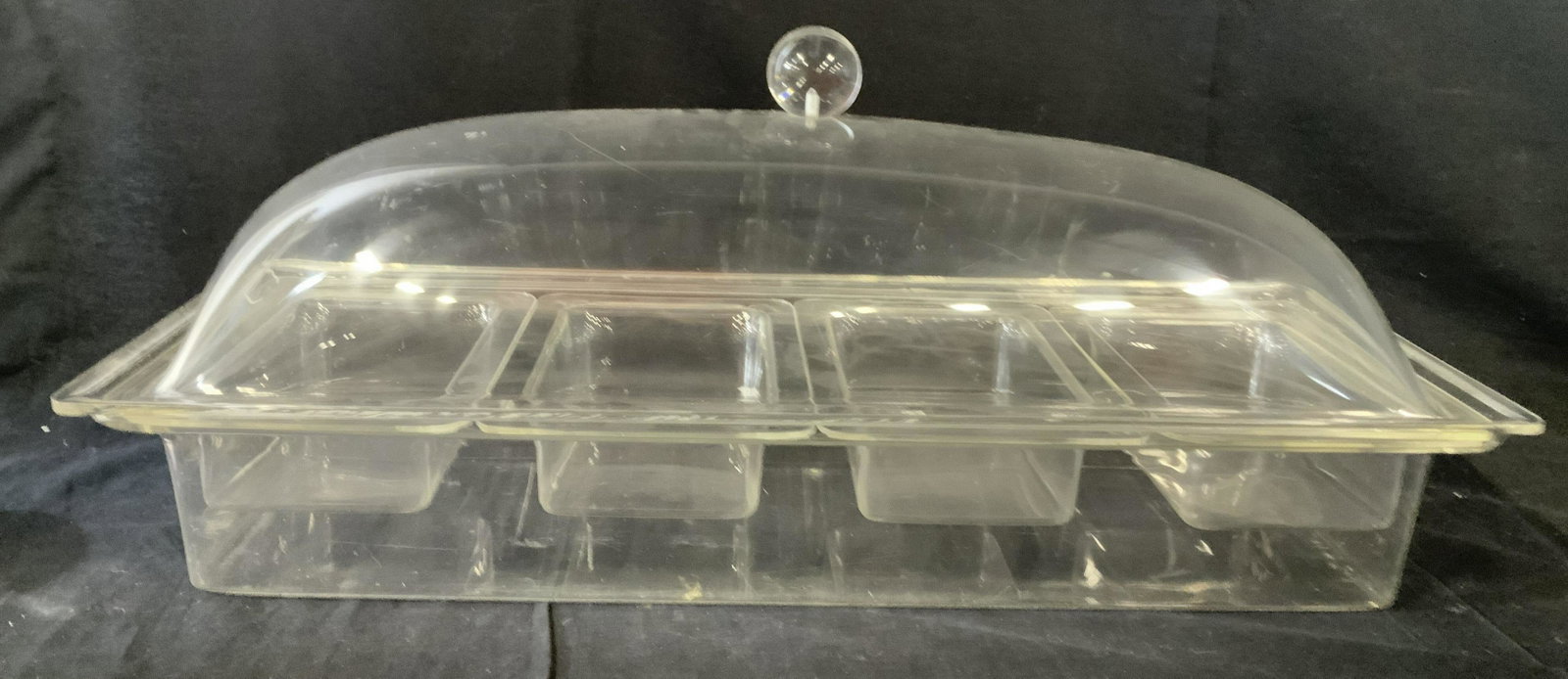 Vintage Lucite Buffet Serve Ware w Fitted Trays: Lidded serving piece with rectangular base and four insert fitted tray compartments, measures ht 12 inches , 10 by 27 inches, out door food service piece, table ware, bbq, buffet service, has wear