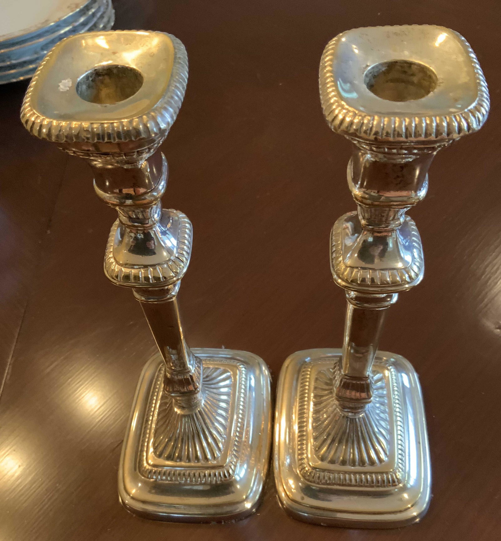 Pr Neoclassical Style Silver Plate Candlesticks: Pair of candlesticks in neo classical style, heavy weight and silver plate, each measures ht 11 inches base 5 by 3.5 inches, tableware, decorative arts, candle stocks, candle holders,elegant silver to