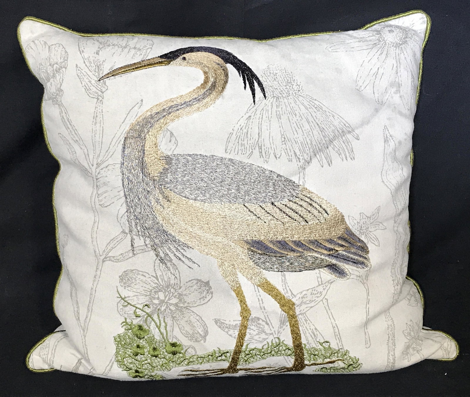 Embroidered Crane Throw Pillow: Embroidered throw pillow depicts a crane, zipper pull reads PIER 1. Cover can be removed. Measures approx 17 inches H, and 17 inches W. Pillows, throw pillows, decorative pillow, living room accessory