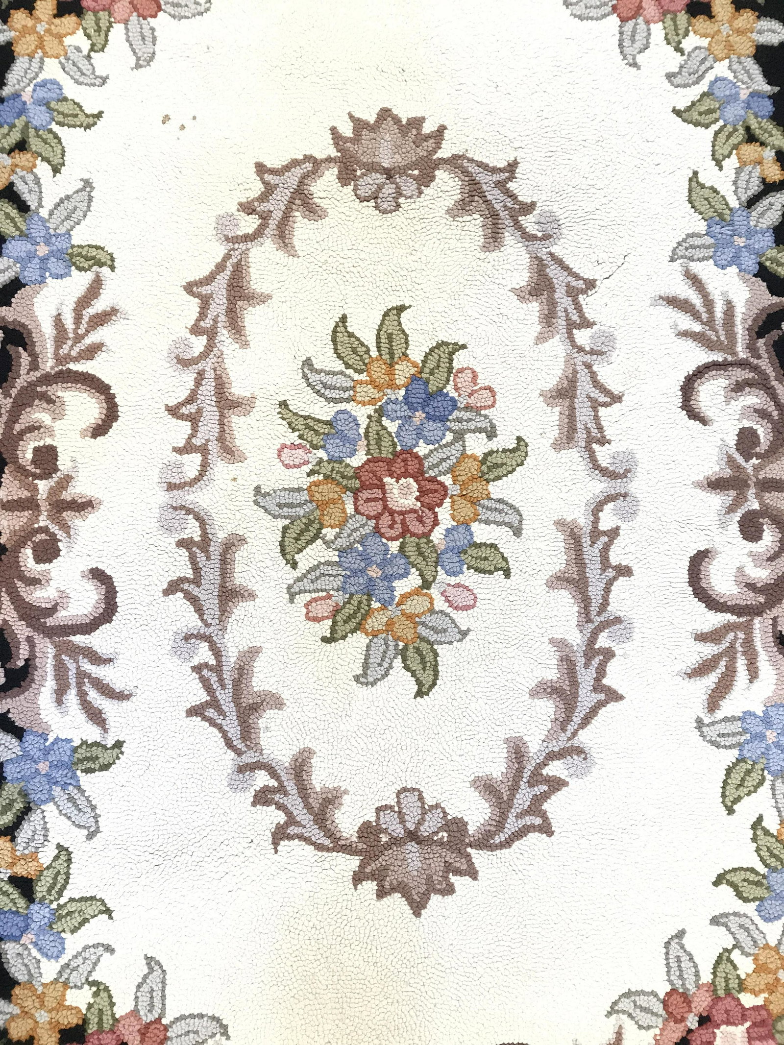 Vintage Floral Detailed Rug: Rug is vintage. Piece is possibly hand made possibly cotton. Piece contains multi toned floral & leaf detail. Rug, carpet, area rug, vintage rug, floral rug. home decor, textile arts and accessories, 