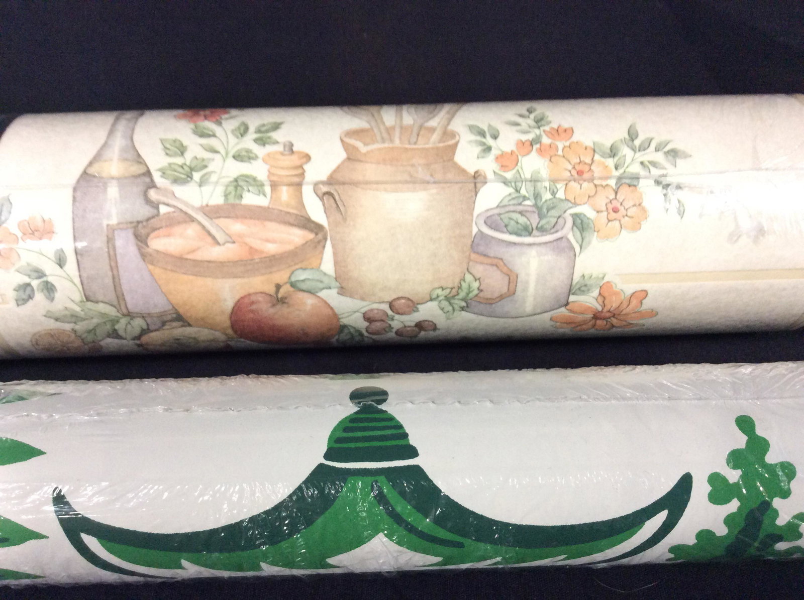 2 Rolls New Wallpaper, Schumacher & Exclusive: Schumacher Bold Print green on stark white thick wallpaper, number 5006912, washable. in Org. Package. 27 in. Country Kitchen decor by Exclusive Wallcoverings Pattern # 11545, pre pasted, repeated des