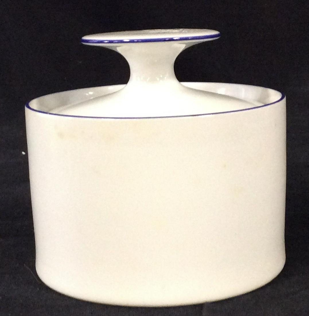Thomas Porcelain Minimalist Lidded Vessel, Germany: Sugar Bowl with lid, off white with thin blue line. Can be used as a Trinket Box, for sugar packs, change container, more. Has a mid Century Modern Style. 3.5 in ht, 4 in width. Sugar Bowl, Trinket Bo