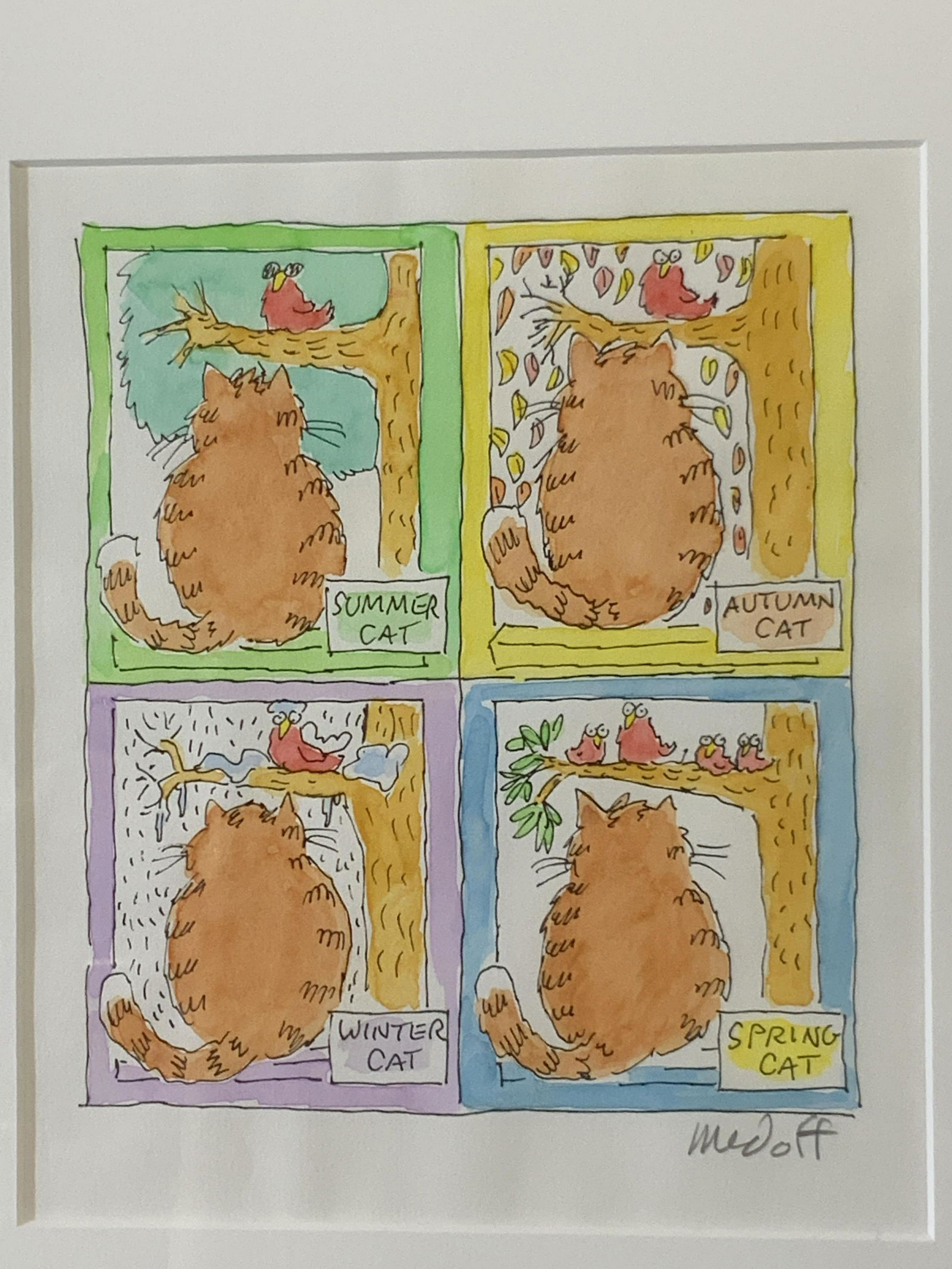 Jack Medoff Four Seasons Cat Drawing: Jack Medoff Four Seasons mixed media cat drawing, the drawing itself is a black and white hand drawing colored in with gouache, signed in bottom right corner, artist profile on the verso, piece is mat