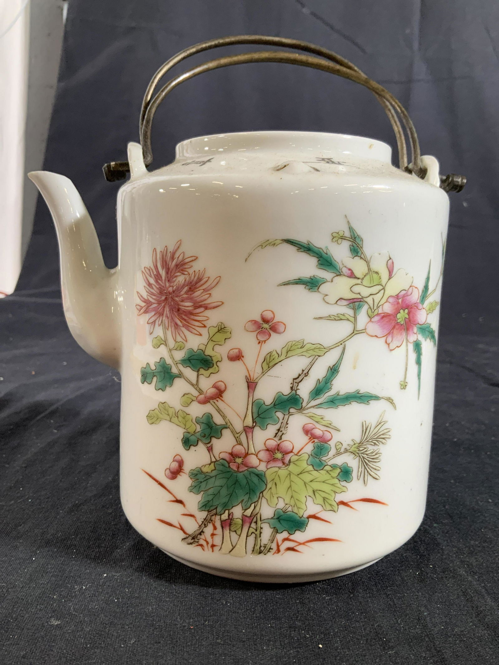 Antique Vintage Painted Asian Teapot: With brass handles, marked with asian characters, no lid, measures to handles ht 8 inches, rim chip. table decor vase vessel, coffee pot, teapot, asian arts ands crafts, decorative arts and accessorie