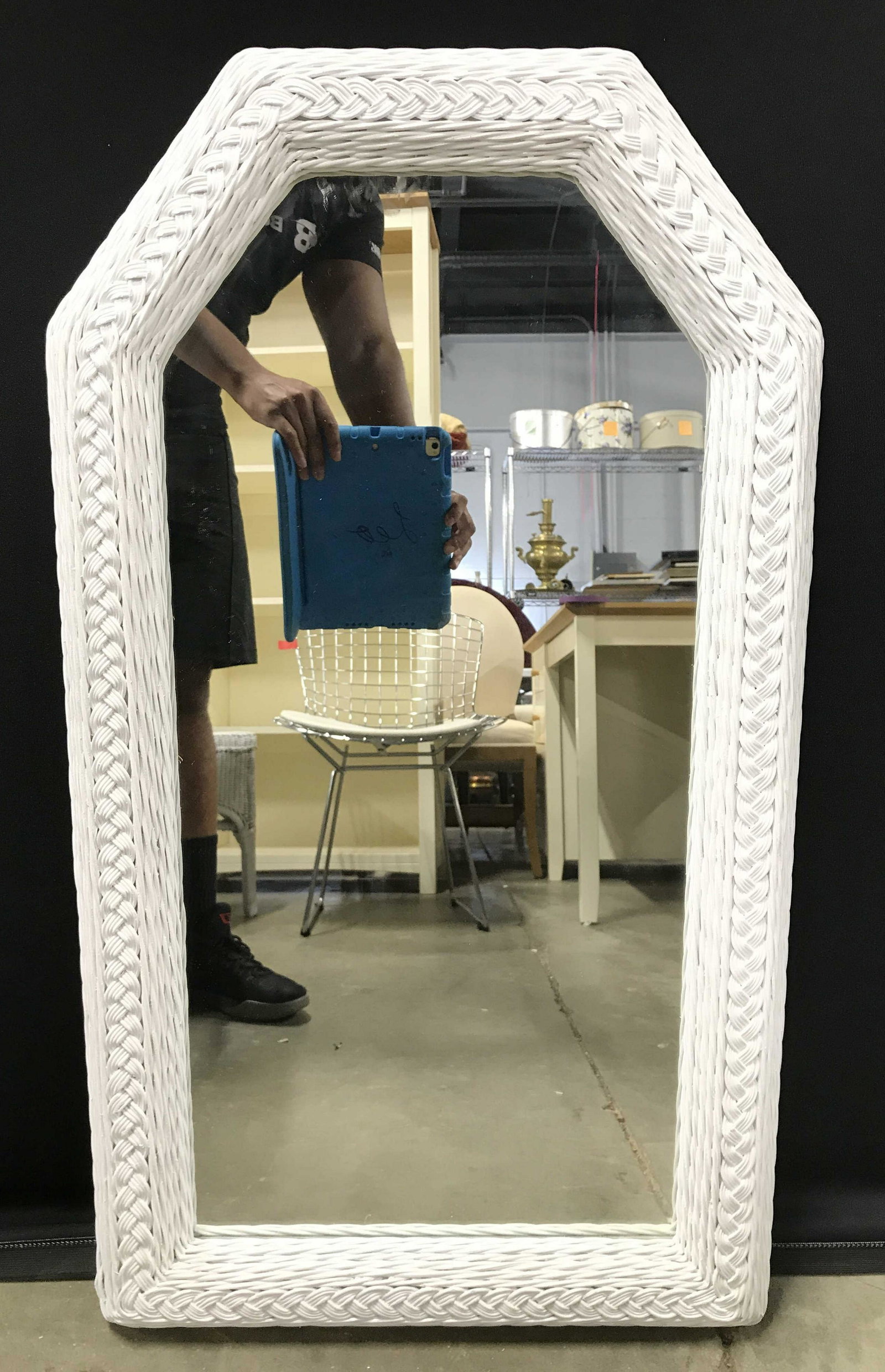 Vintage White Toned Wicker Frame Mirror: Mirror Frame is white toned and wicker. Piece is vintage. Mirror, vintage mirror, wicker frame mirror, wall mirror, wicker wall mirror. home furnishings and decor, Piece measures approximately 36 inch