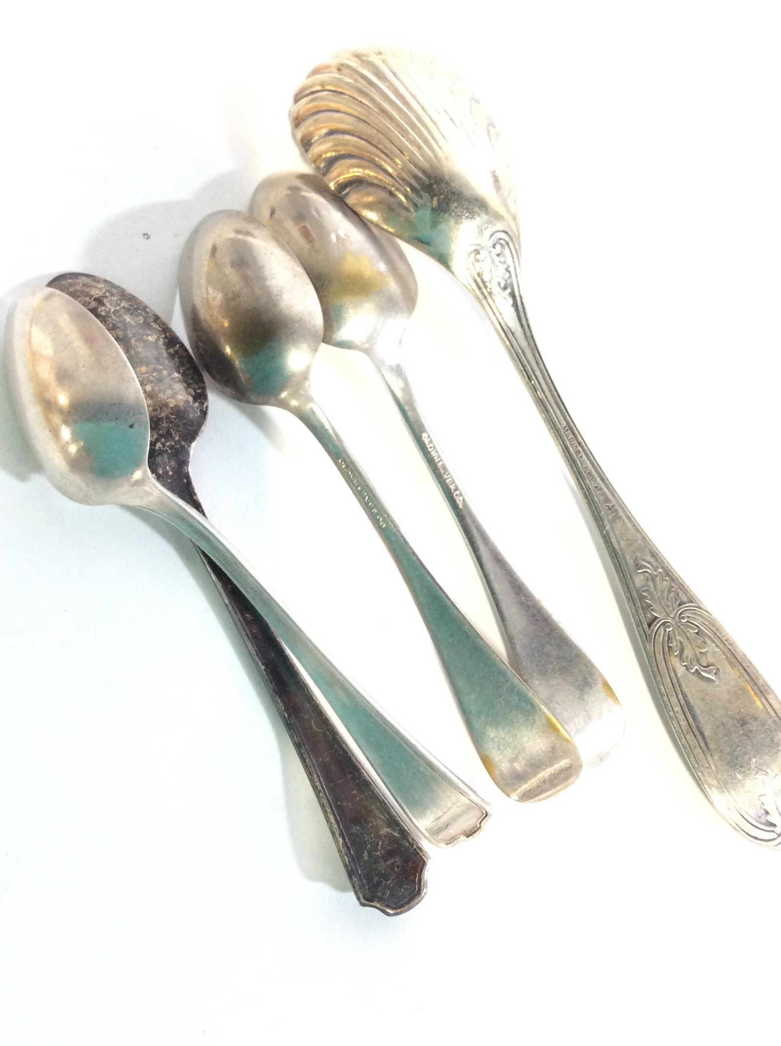 Lot 9 S. Plated vintage Flatware, Tea & Bar: 5 Demitasse / tea/ sugar / cocktail spoons. Crown Silver Co. w/ embossed Gold Tone flower on spoon, reads all the major NYC street names in between petals. 3 of 1847 Rogers Bros. Demitasse. All 4 in. 