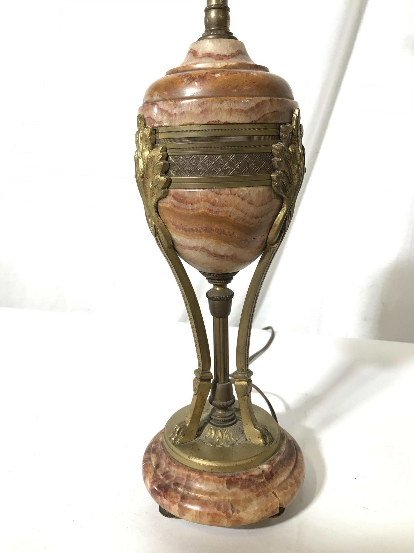 Vintage Marble Tabletop Lamp: Base is crafted from marble, body is crafted from brass and marble. Lamp is vintage. Measures approx 28 inches H, and 5 inches W. Wear is consistent with age and use. Lamps, lighting, tabletop lamp, l