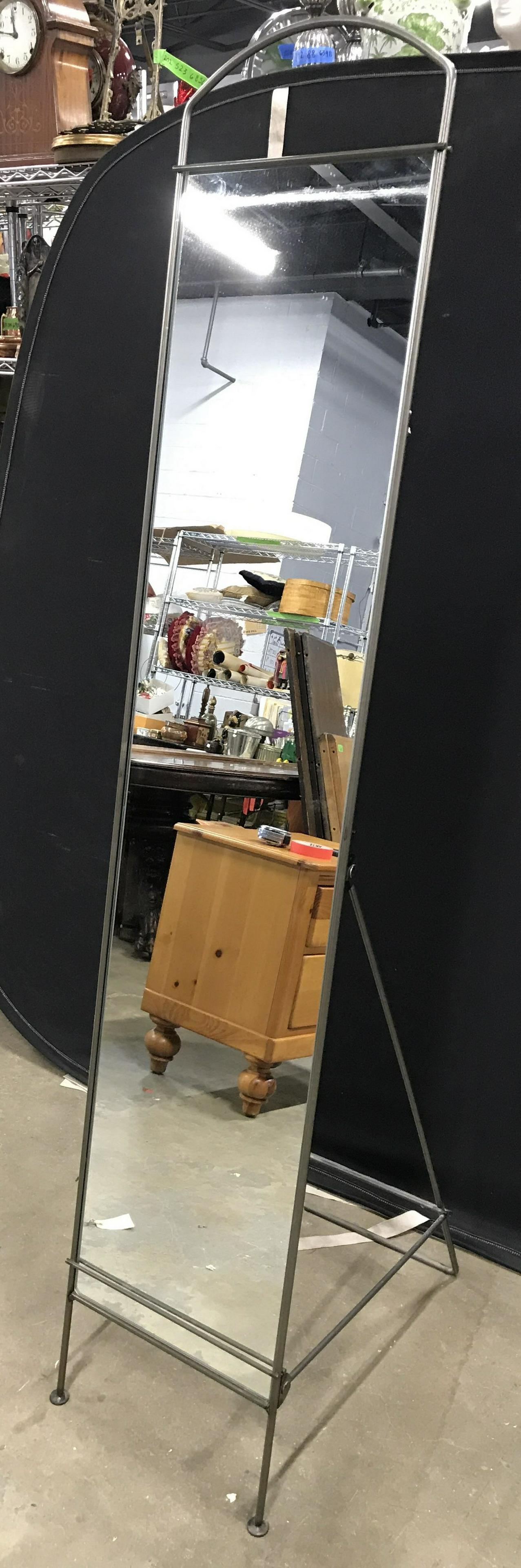 Standing Metal Floor Mirror: Mirror holder is grey toned and metal. Piece measures approximately 65 Inches tall 21 inches deep 14 inches wide. Floor mirror, metal floor mirror, bedroom mirror, mirror, bedroom furniture, bedroom d