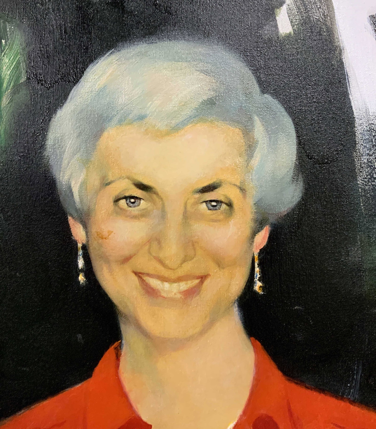 Marc Klionsky Signed Oil on Canvas Portrait: Signed oil on canvas, Signature in lower left corner reads ‘Marc Klionsky 82’, A smiling older woman in red juxtaposed with a dark background, Measures 30 inches x 24 inches, Some of the canvas is
