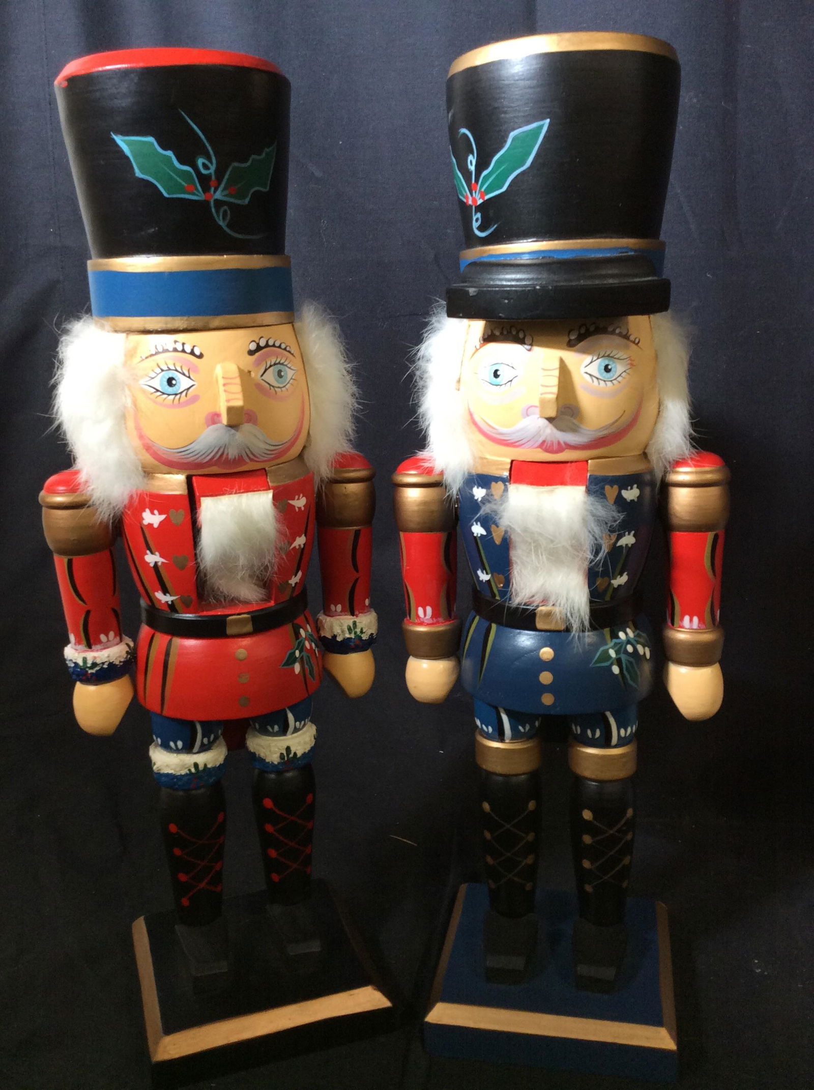 Pair Christmas Wood Nutcracker Soldier Figural: Decorative Soldier Nutcrackers , one blue , one red uniform. 15 in ht. 5 in Width. Christmas Decor, Wood Nutcracker, Hearth Holiday Display, Mantel Display, Decorative Arts, Holiday Decor, Tabletop, S