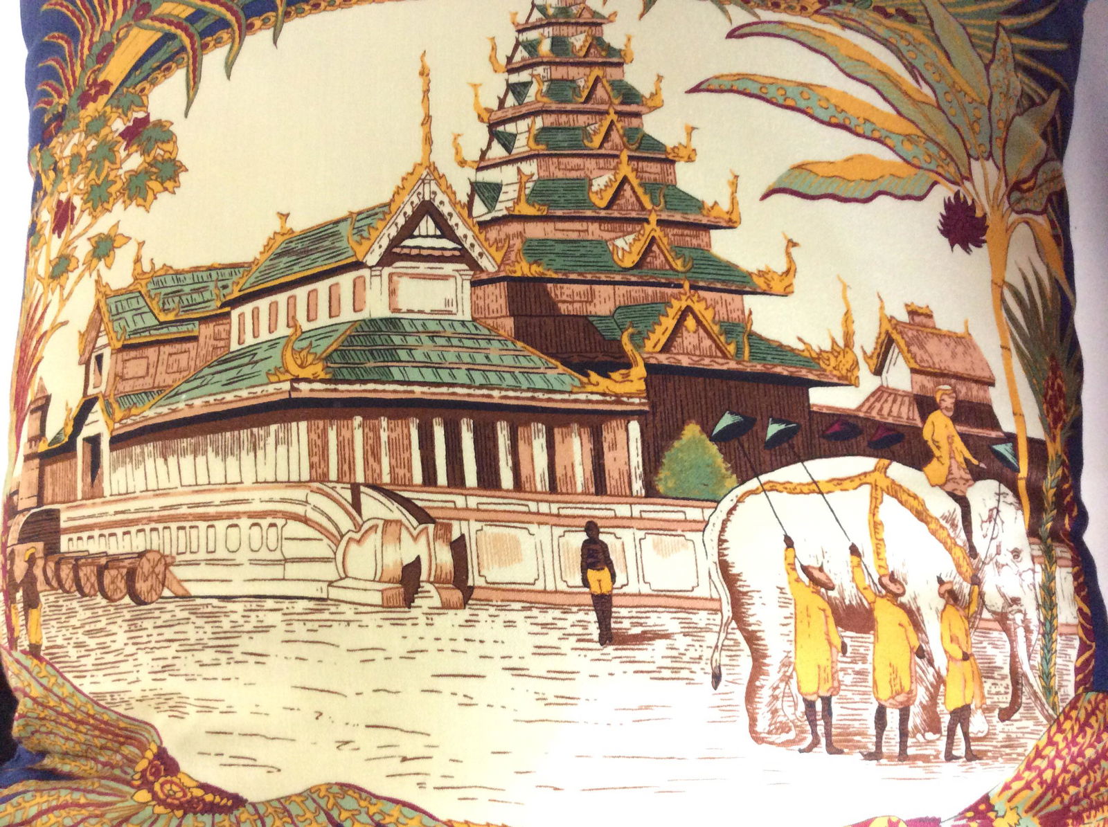 Jim Thompson Thai Print Cotton Pillow: Super soft cotton, labeled, soft hand, removable pillow cover with zipper, depicts Thailand architecture buildings and daily scene. Regular pillow form. Measures 16 x 16 in. Cotton Cover With designer