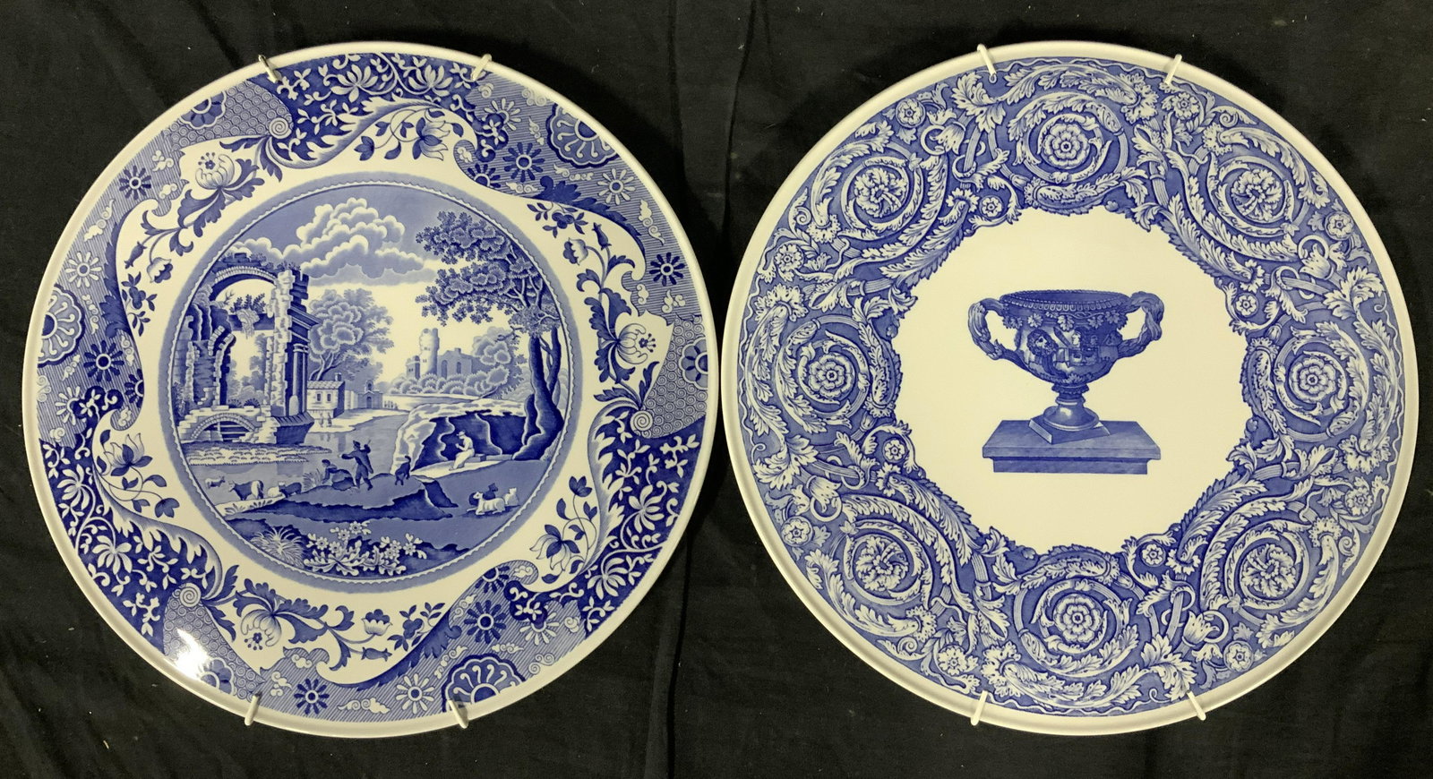Set 4 Spode England Porcelain Decorative Dishes: Stamp to reverse on all dishes reads ‘Spode Made in England’, Scenes of landscapes, various figures and vases with decorative elements on the border, Metal hanging implements to reverse, All measu