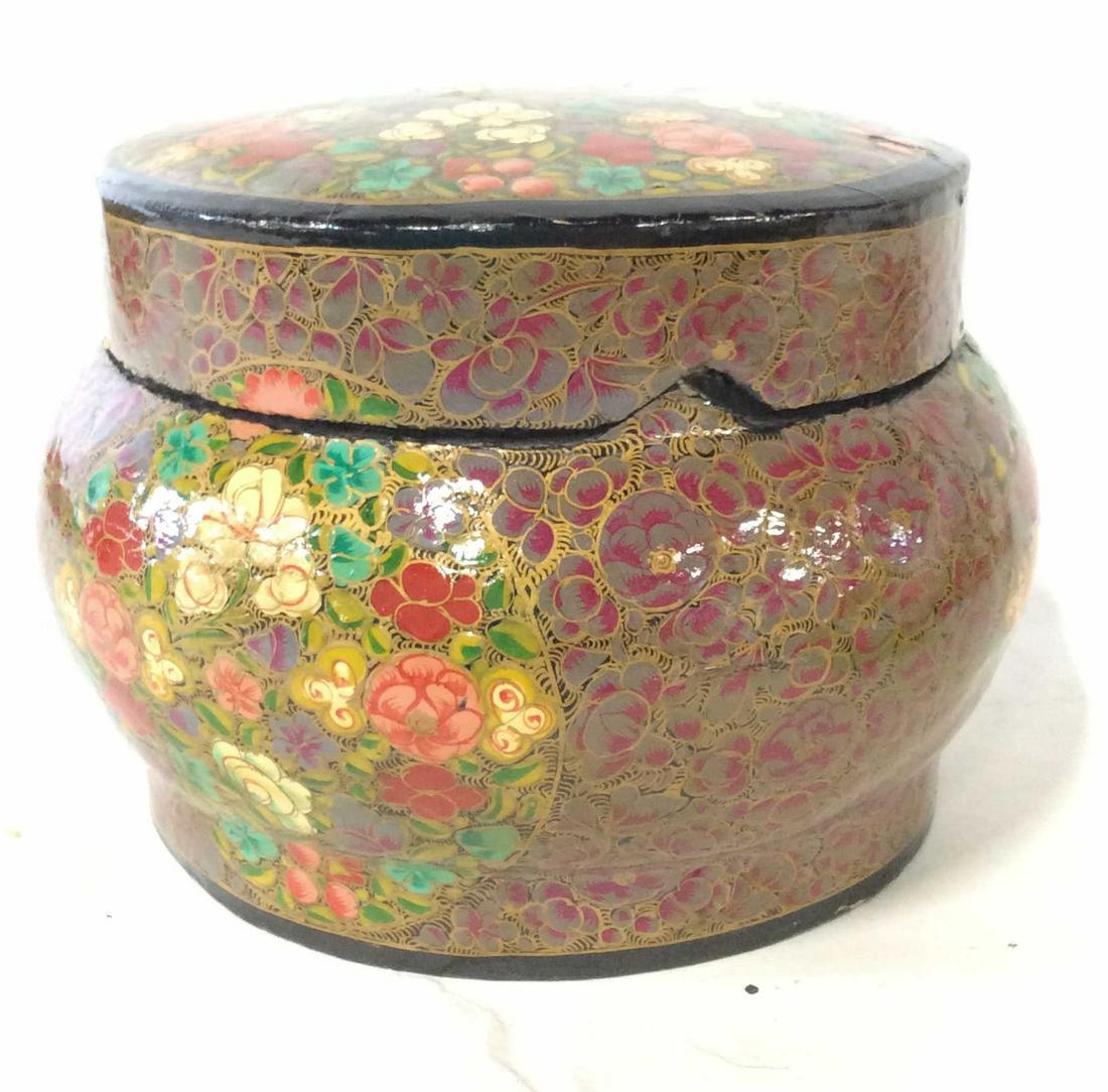 Hand Painted Asian Lacquered Display Box: Round Lidded Box, designs outlined in Gilt. Interior black painted. Ht 4.25 in. Width 6. 5 in. Underside has price tag, possibly in Yen. Asian Decorative Arts, Decorative Table Accessories, Asian Lacq