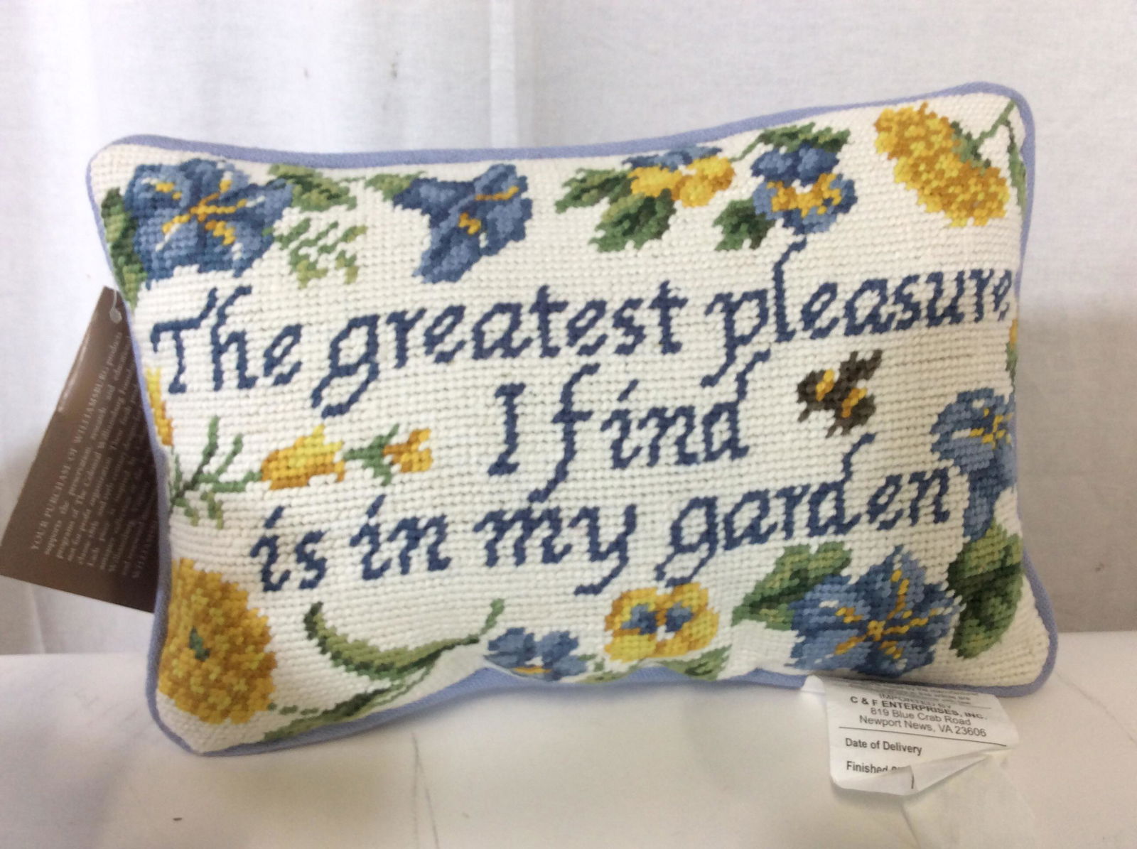 WILLIAMSBURG Needlepoint Toss Pillow, Org Tag: Inspired by Colonial America, Needlepoint Pillow comes from a shop in Williamsburg, VA supporting The Colonial Williamsburg Foundation. Message on pillow reads ‘ The greatest pleasure I find is in m