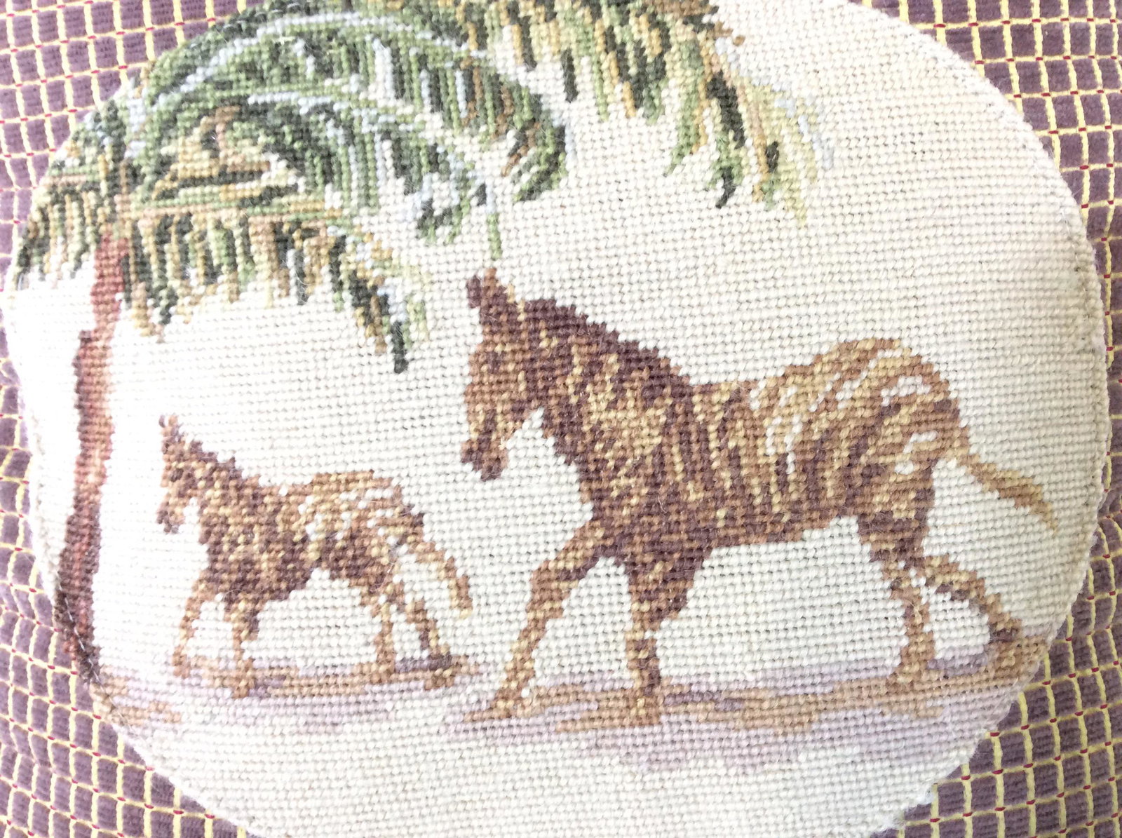 Needlepoint Zebra Toss Pillow: Petite point vintage Lilian Vernon Pillow, cotton plush checkered fabric with center Needlepoint depicting horse and baby foal/ colt. 12 x 13 in. Equestrian Toss Pillow, Horse & Colt Sofa Decor, Colle